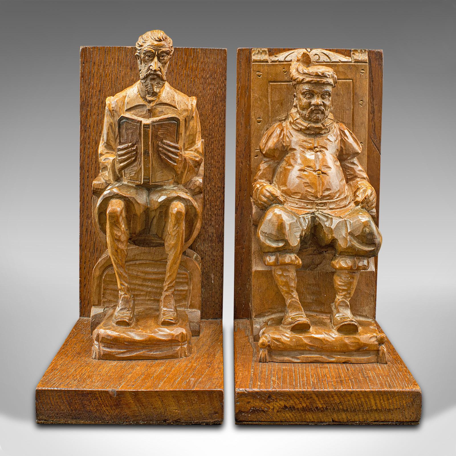 20th Century Pair Of Vintage Character Bookends, Spanish, Hand Carved, Book Rest, Don Quixote