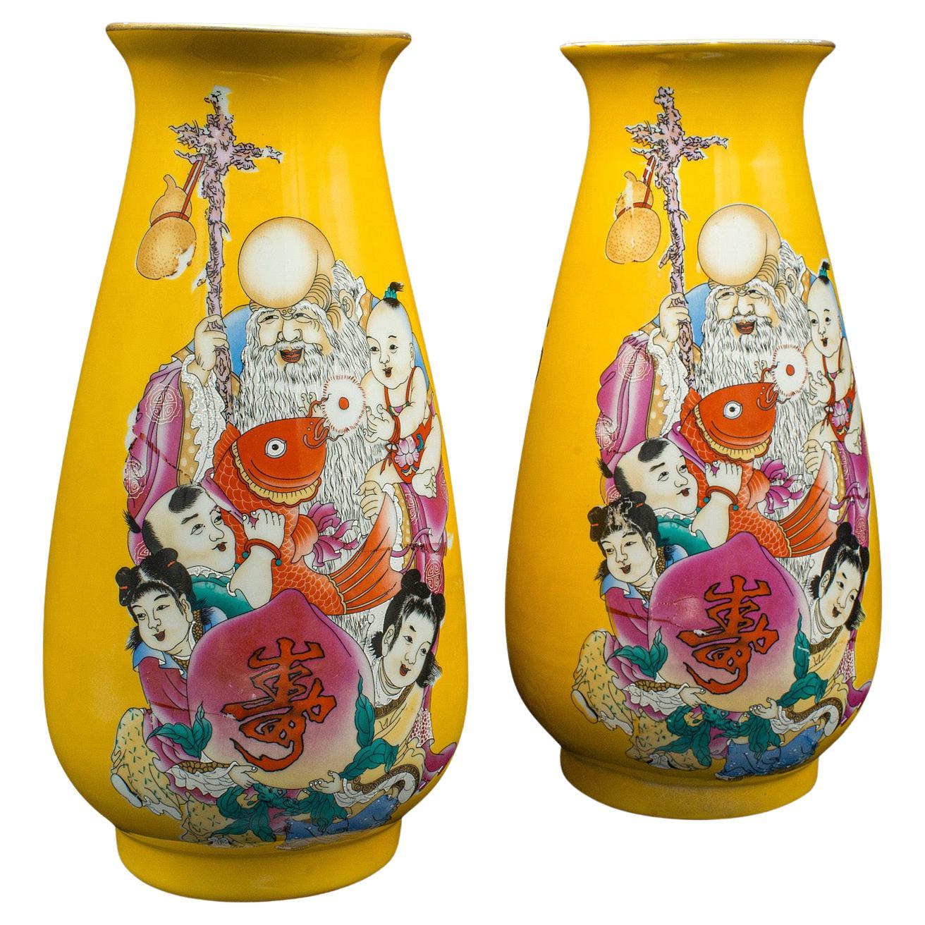Pareja De Jarrones De Caracteres Vintage, Chinos, Cerámica, Urna De Balaustre, Art Decó, 1940