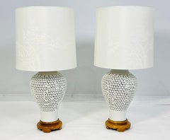 Pair of Vintage Cherry Blossom Blanc De Chine Reticulated Porcelain Table Lamps