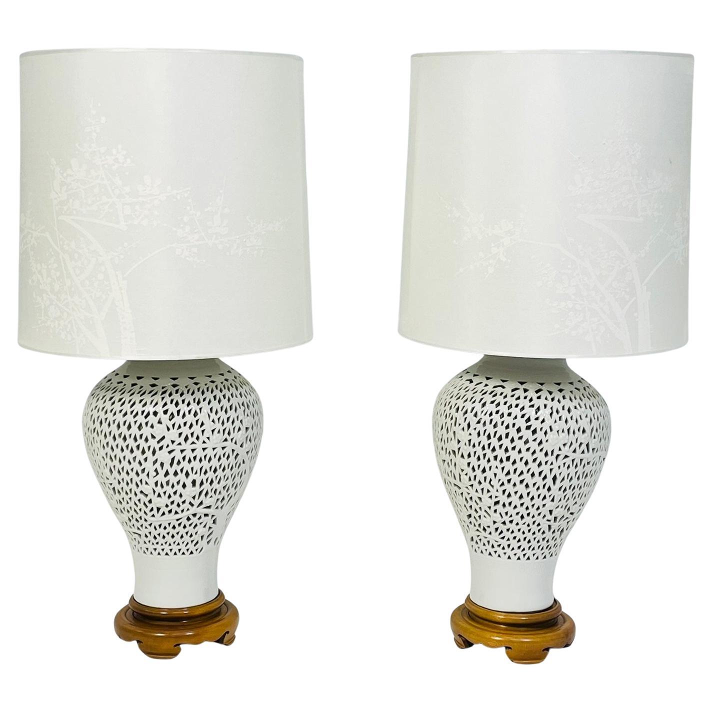 Pair of Vintage Cherry Blossom Blanc De Chine Reticulated Porcelain Table Lamps