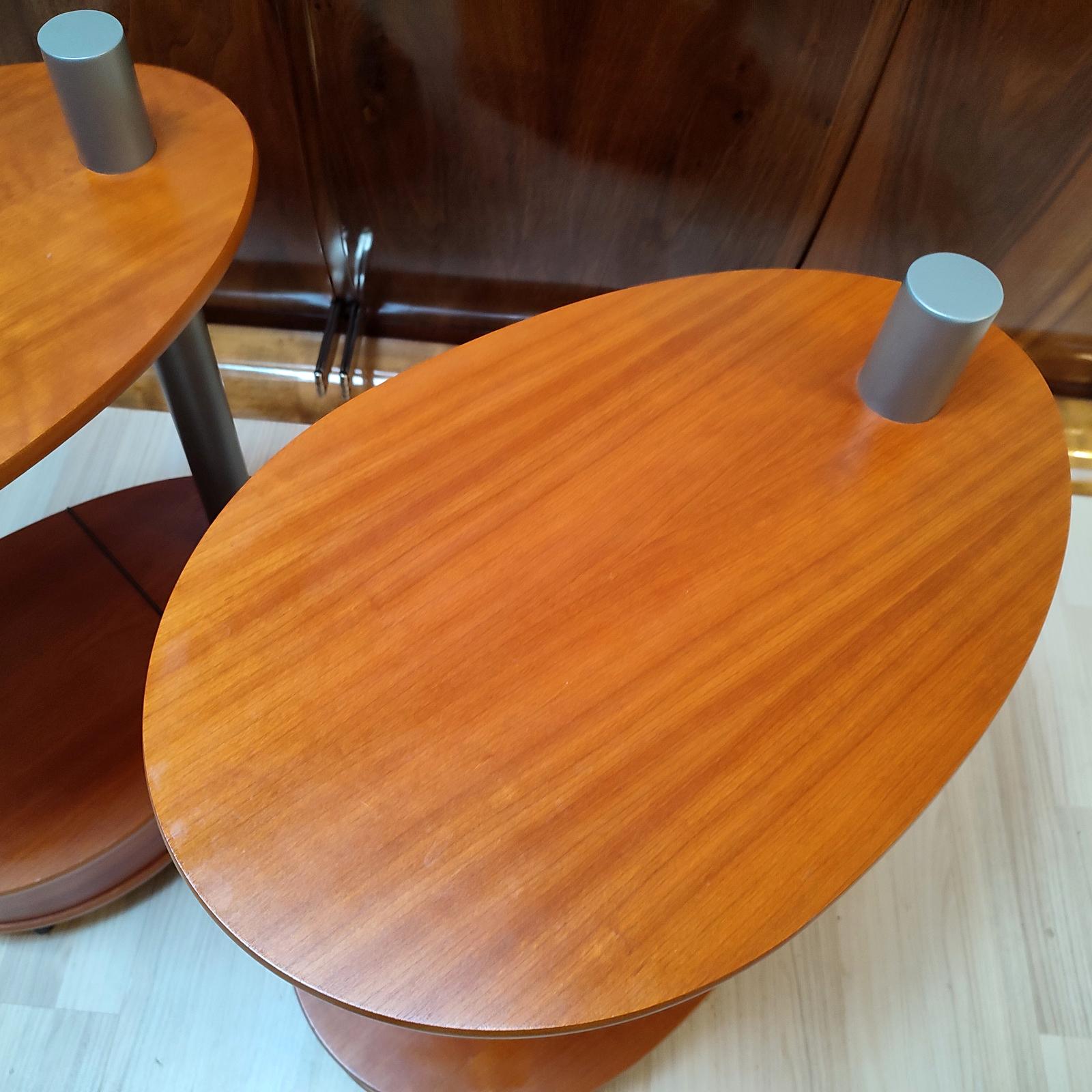 Pair of Vintage Cherry Wood Side Tables on Castors For Sale 8