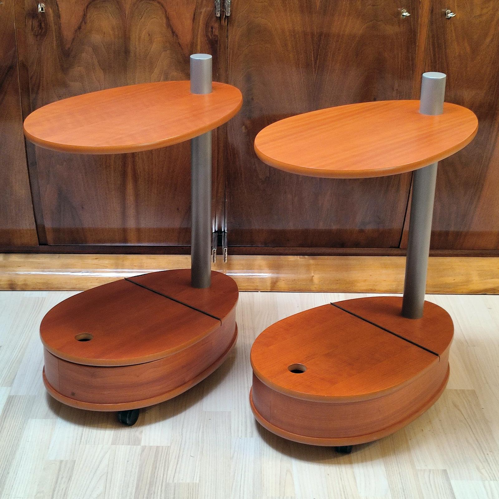 Modern Pair of Vintage Cherry Wood Side Tables on Castors For Sale