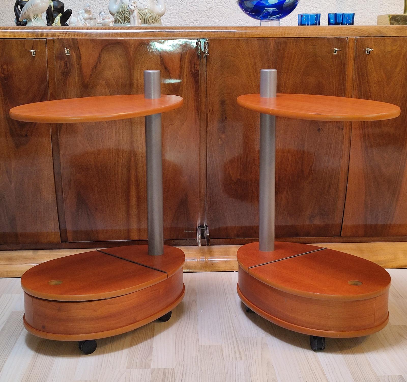 European Pair of Vintage Cherry Wood Side Tables on Castors For Sale