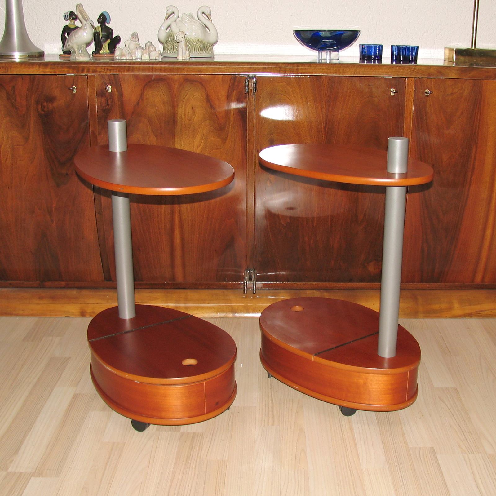 Veneer Pair of Vintage Cherry Wood Side Tables on Castors For Sale