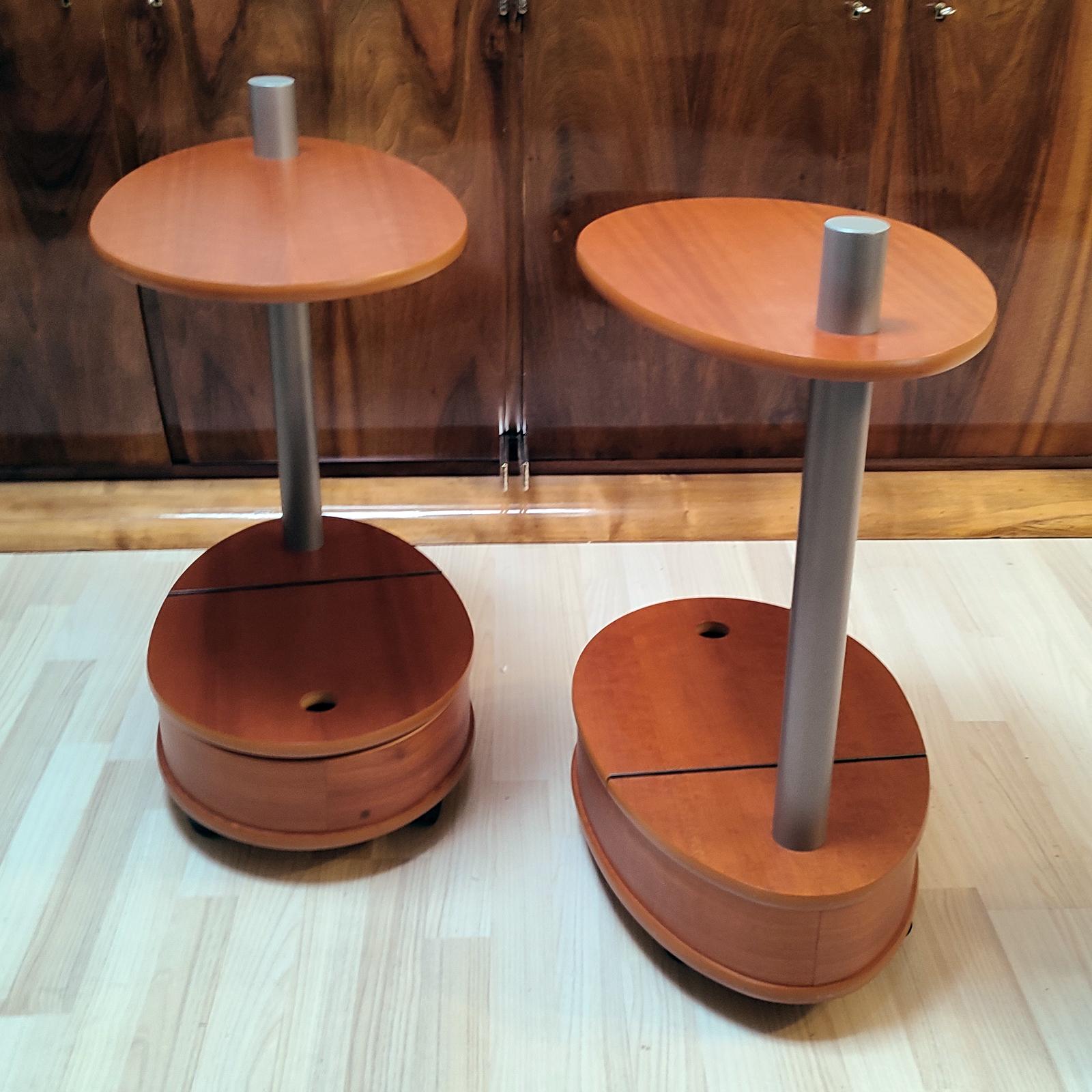 Late 20th Century Pair of Vintage Cherry Wood Side Tables on Castors For Sale