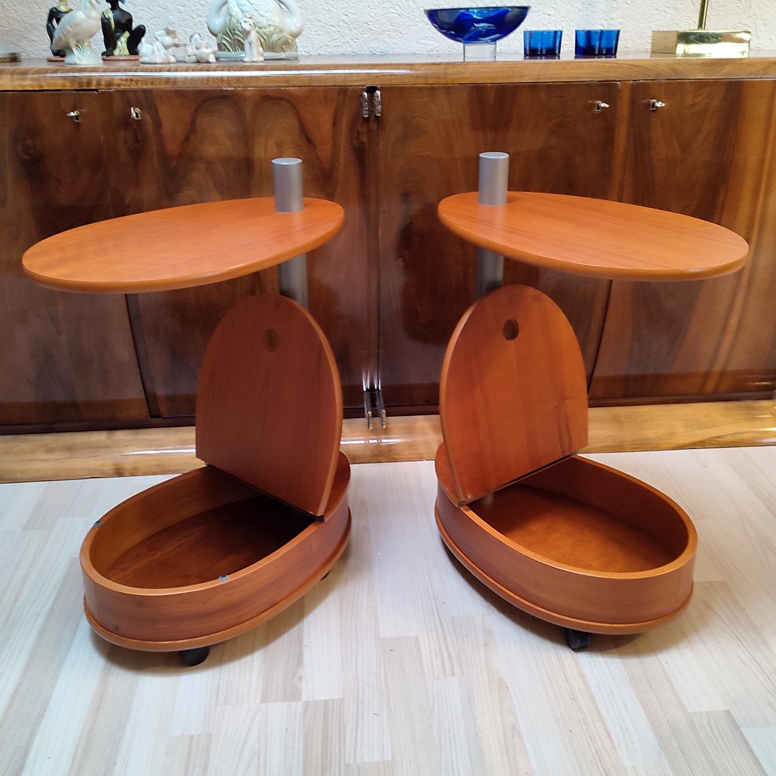 Pair of Vintage Cherry Wood Side Tables on Castors For Sale 1