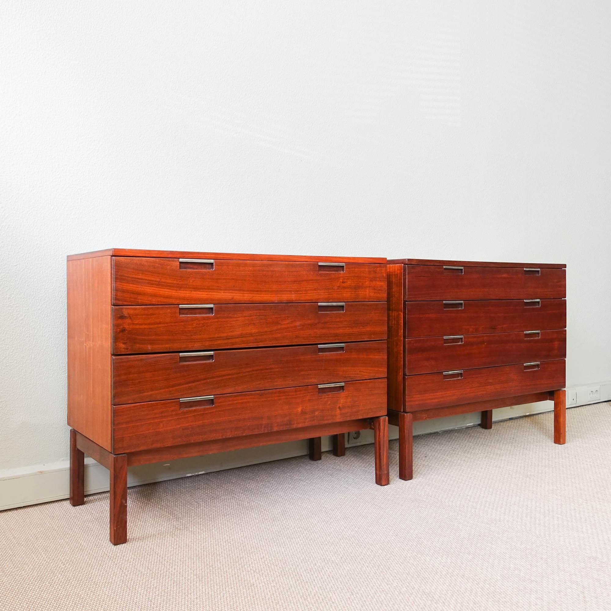 This pair of chest of drawers was designed and produced by FOC (Fábrica Osorio Castro), in Portugal during the 1970's. Each one is made of undianuno wood with chromed handles and features four drawers. In good vintage condition.