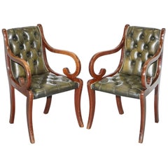 Pair of Vintage Chesterfield Aged Green Leather Mahogany Desk Office Armchairs
