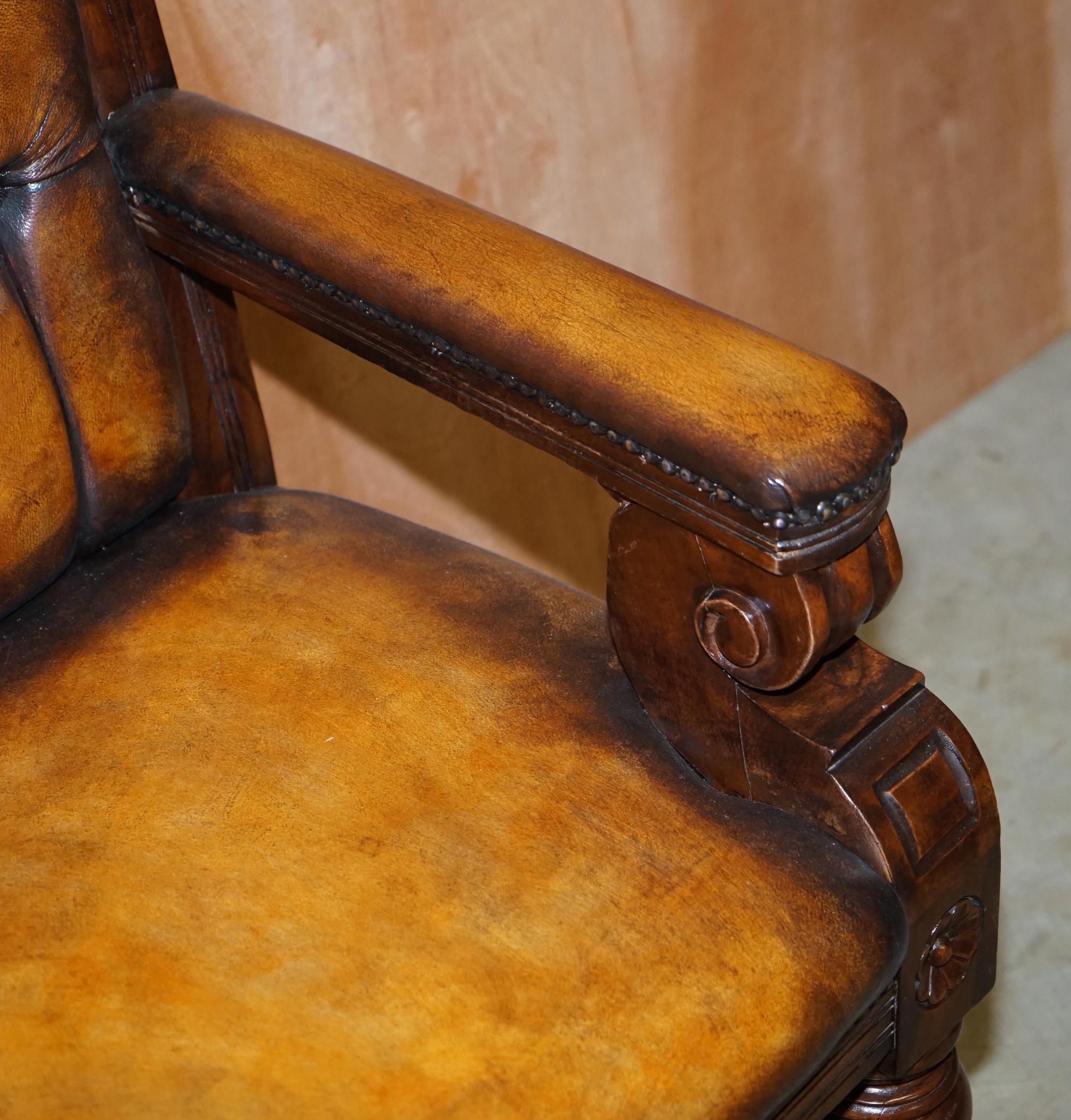 Pair of Vintage Chesterfield Hand Dyed Whisky Brown Leather & Oak Benches Sofas 4