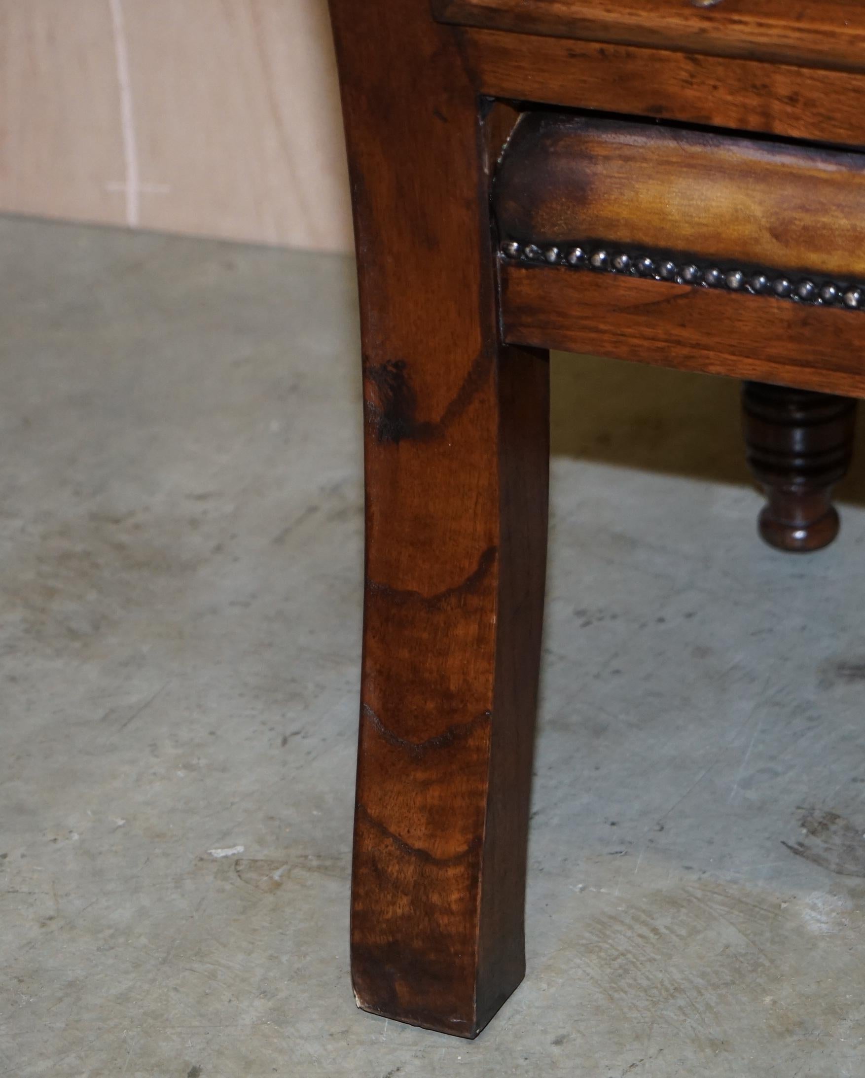 Pair of Vintage Chesterfield Hand Dyed Whisky Brown Leather & Oak Benches Sofas 8