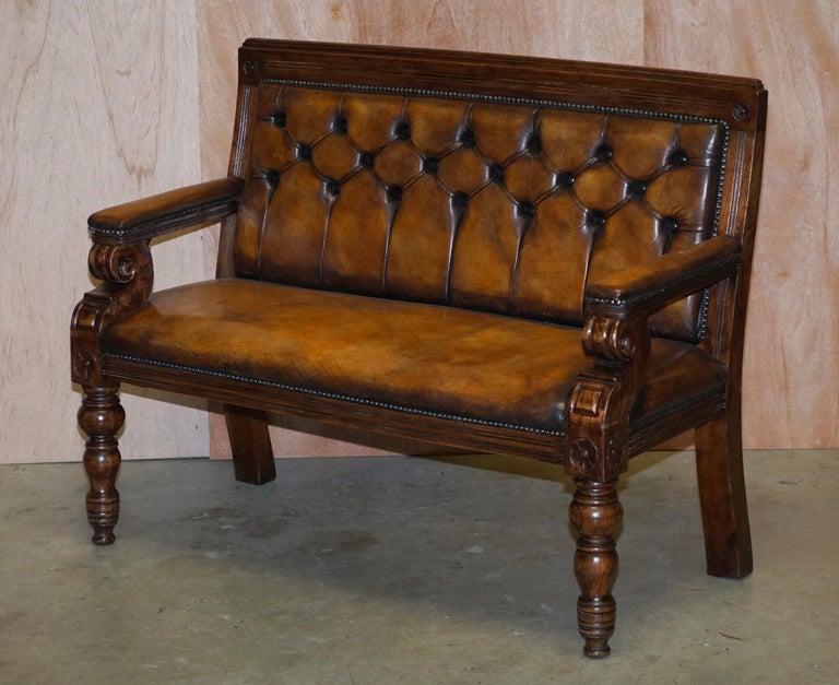 Pair of Vintage Chesterfield Hand Dyed Whisky Brown Leather & Oak Benches Sofas For Sale 9