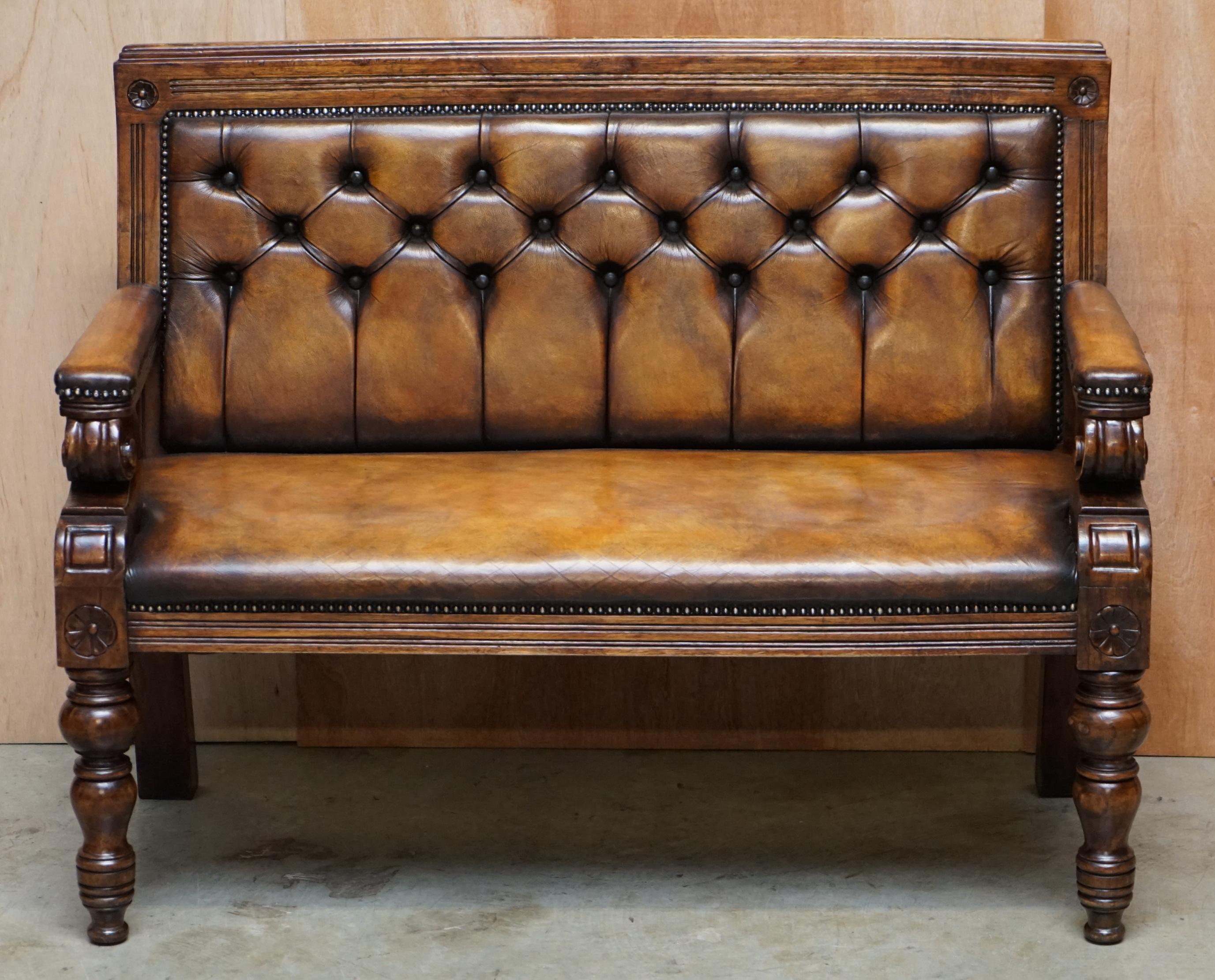 Pair of Vintage Chesterfield Hand Dyed Whisky Brown Leather & Oak Benches Sofas 11
