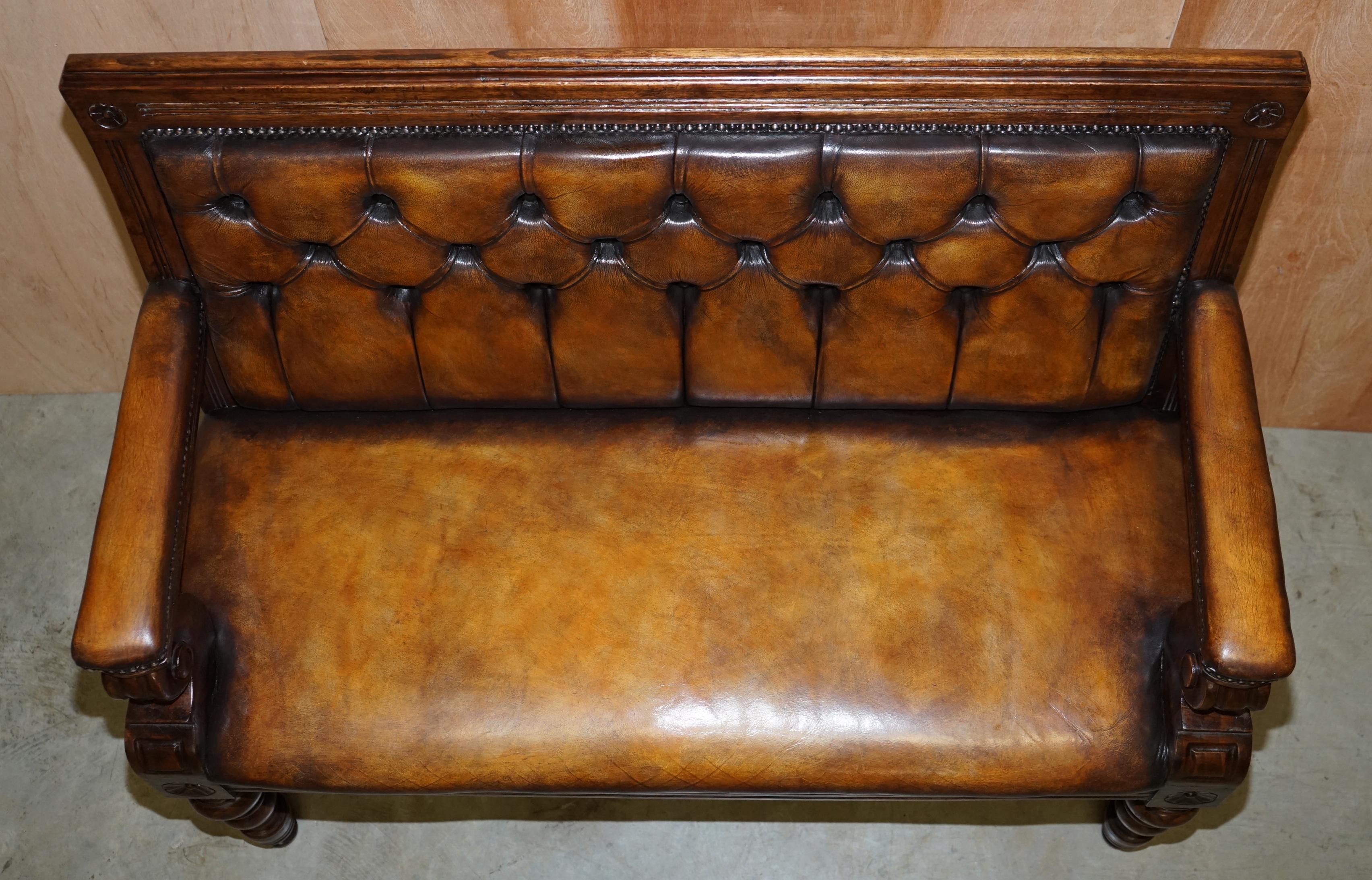 Pair of Vintage Chesterfield Hand Dyed Whisky Brown Leather & Oak Benches Sofas 11