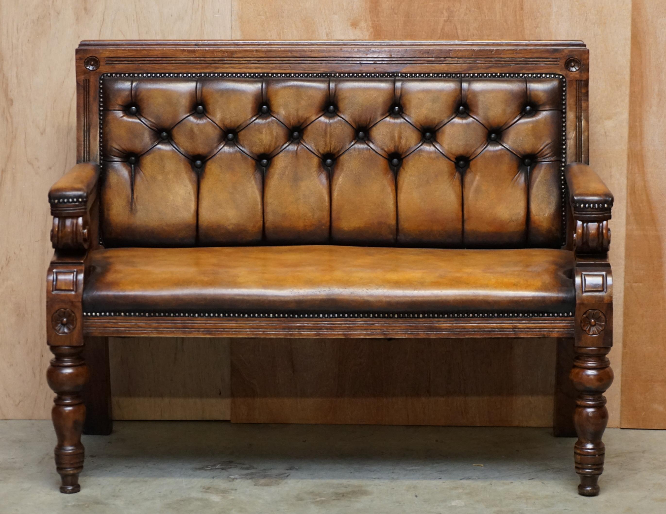 Edwardian Pair of Vintage Chesterfield Hand Dyed Whisky Brown Leather & Oak Benches Sofas
