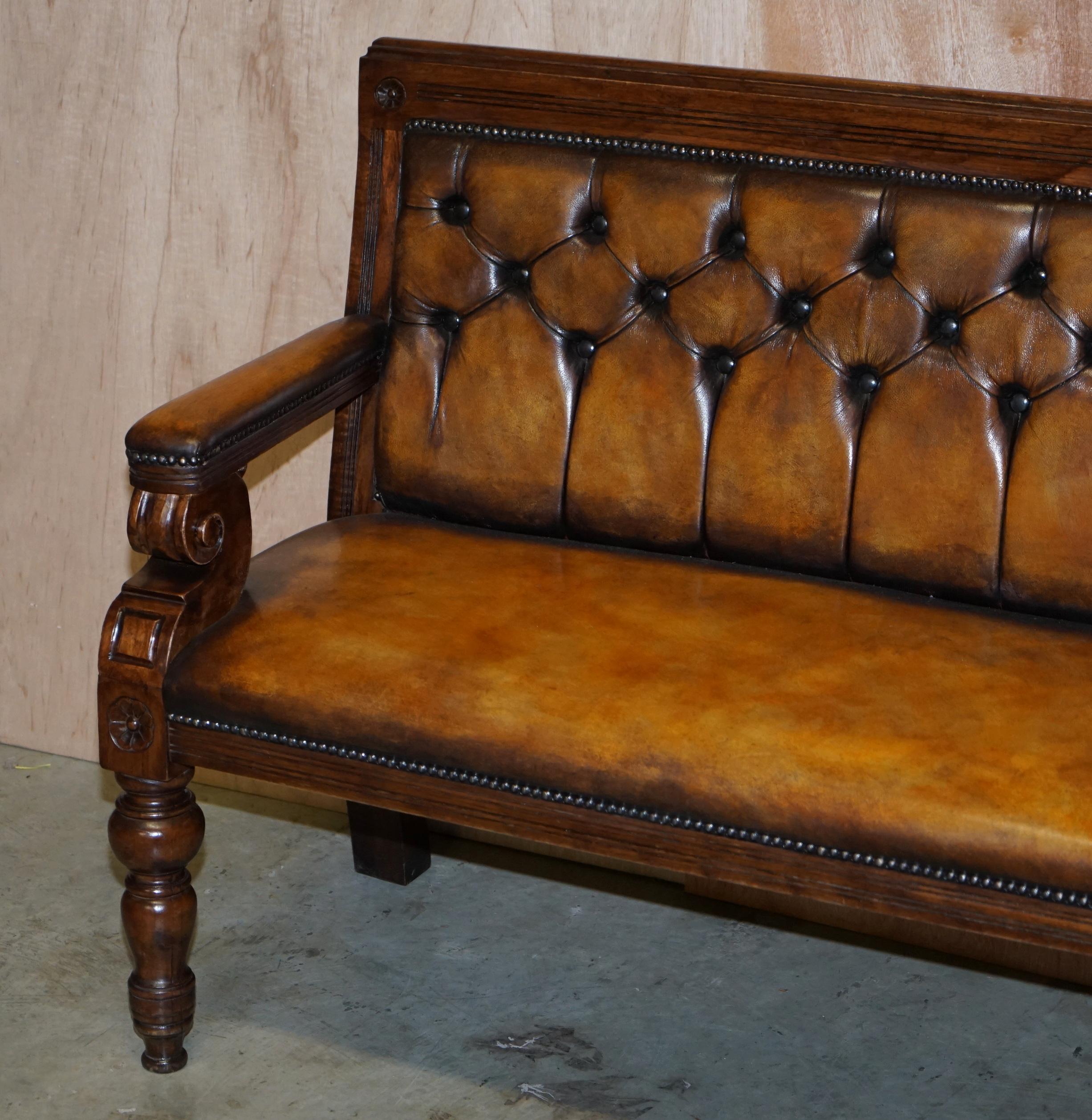 English Pair of Vintage Chesterfield Hand Dyed Whisky Brown Leather & Oak Benches Sofas