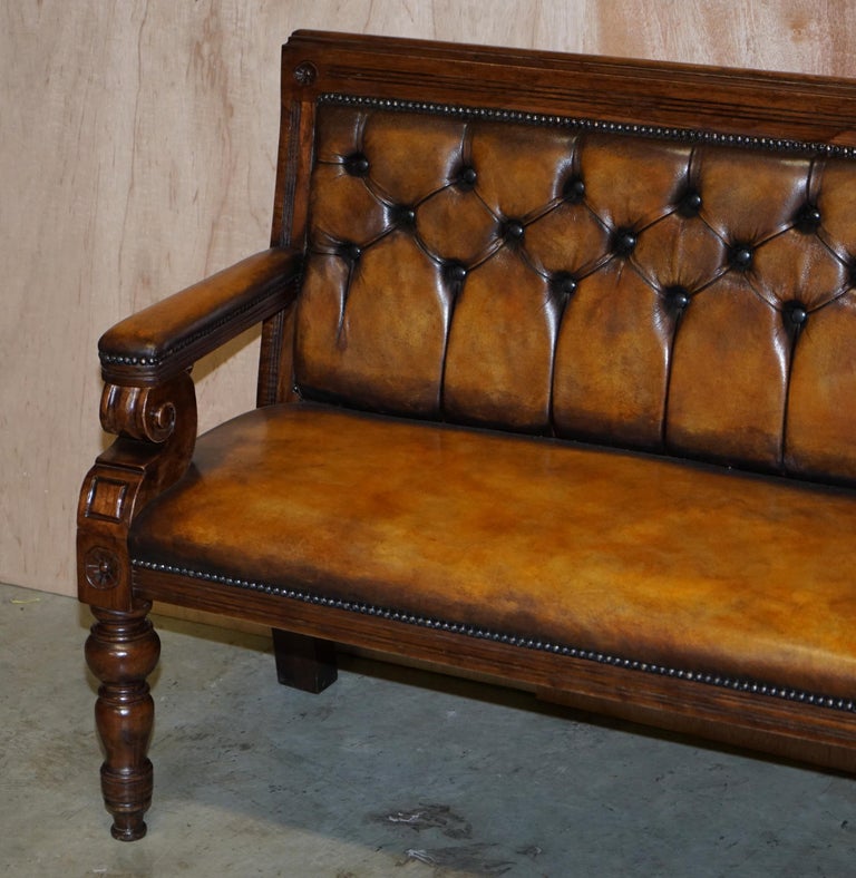 English Pair of Vintage Chesterfield Hand Dyed Whisky Brown Leather & Oak Benches Sofas For Sale