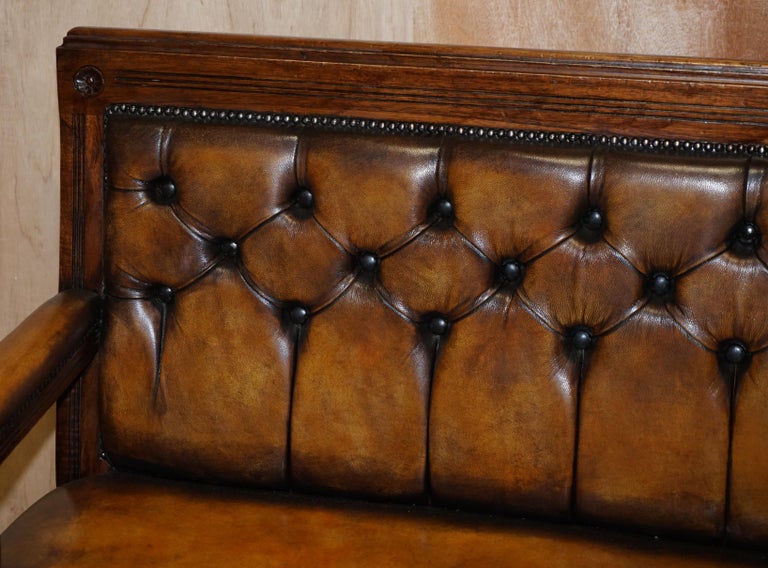 Pair of Vintage Chesterfield Hand Dyed Whisky Brown Leather & Oak Benches Sofas For Sale 1
