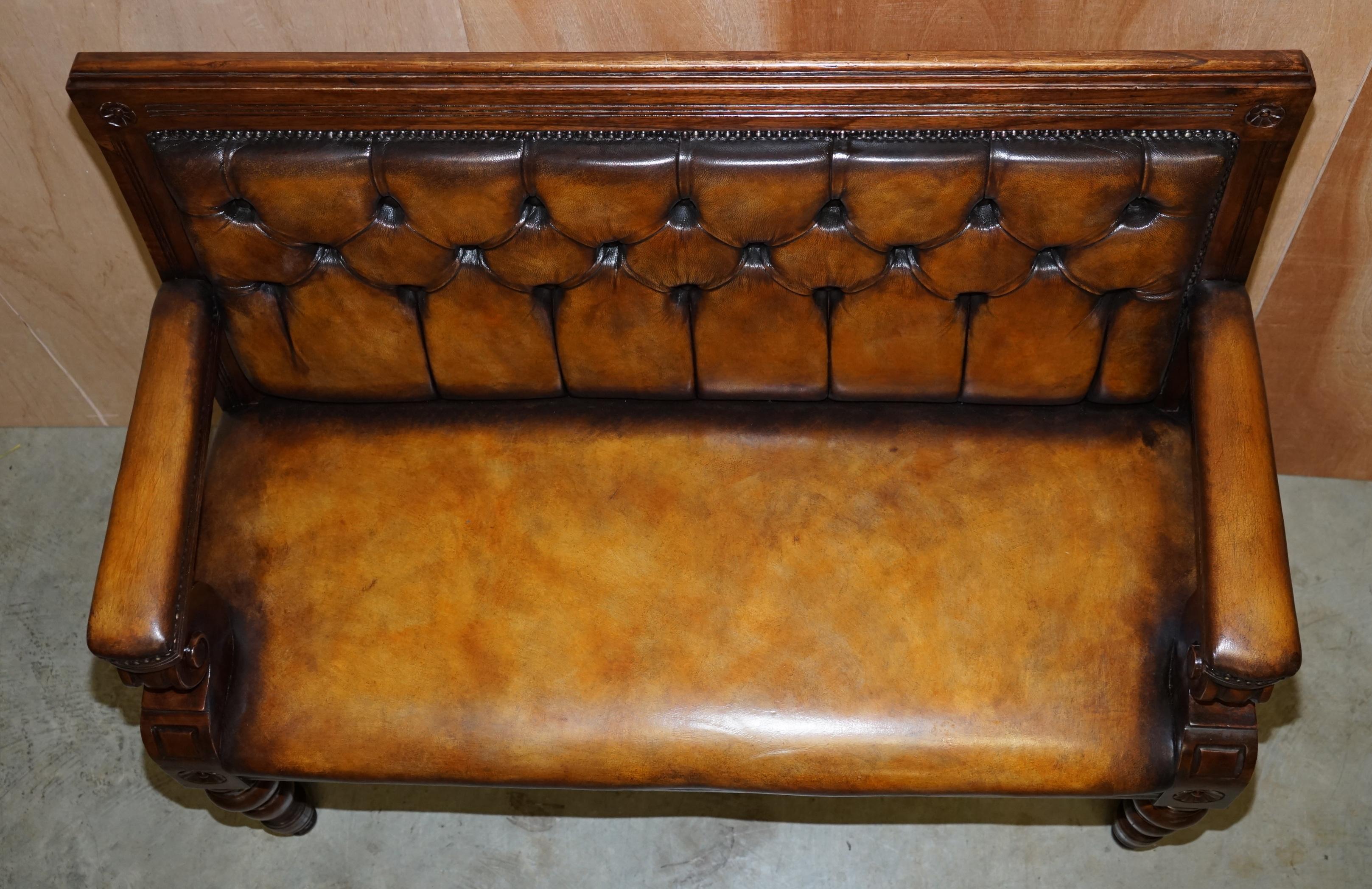 Pair of Vintage Chesterfield Hand Dyed Whisky Brown Leather & Oak Benches Sofas 3