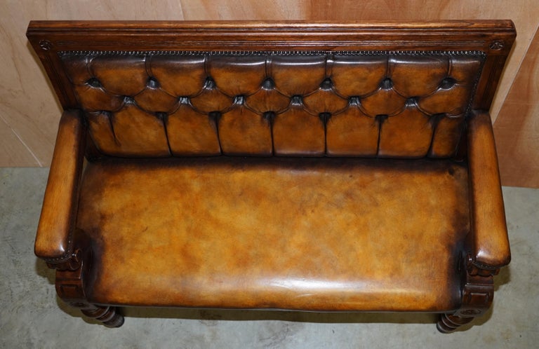 Pair of Vintage Chesterfield Hand Dyed Whisky Brown Leather & Oak Benches Sofas For Sale 2