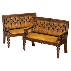Pair of Vintage Chesterfield Hand Dyed Whisky Brown Leather & Oak Benches Sofas