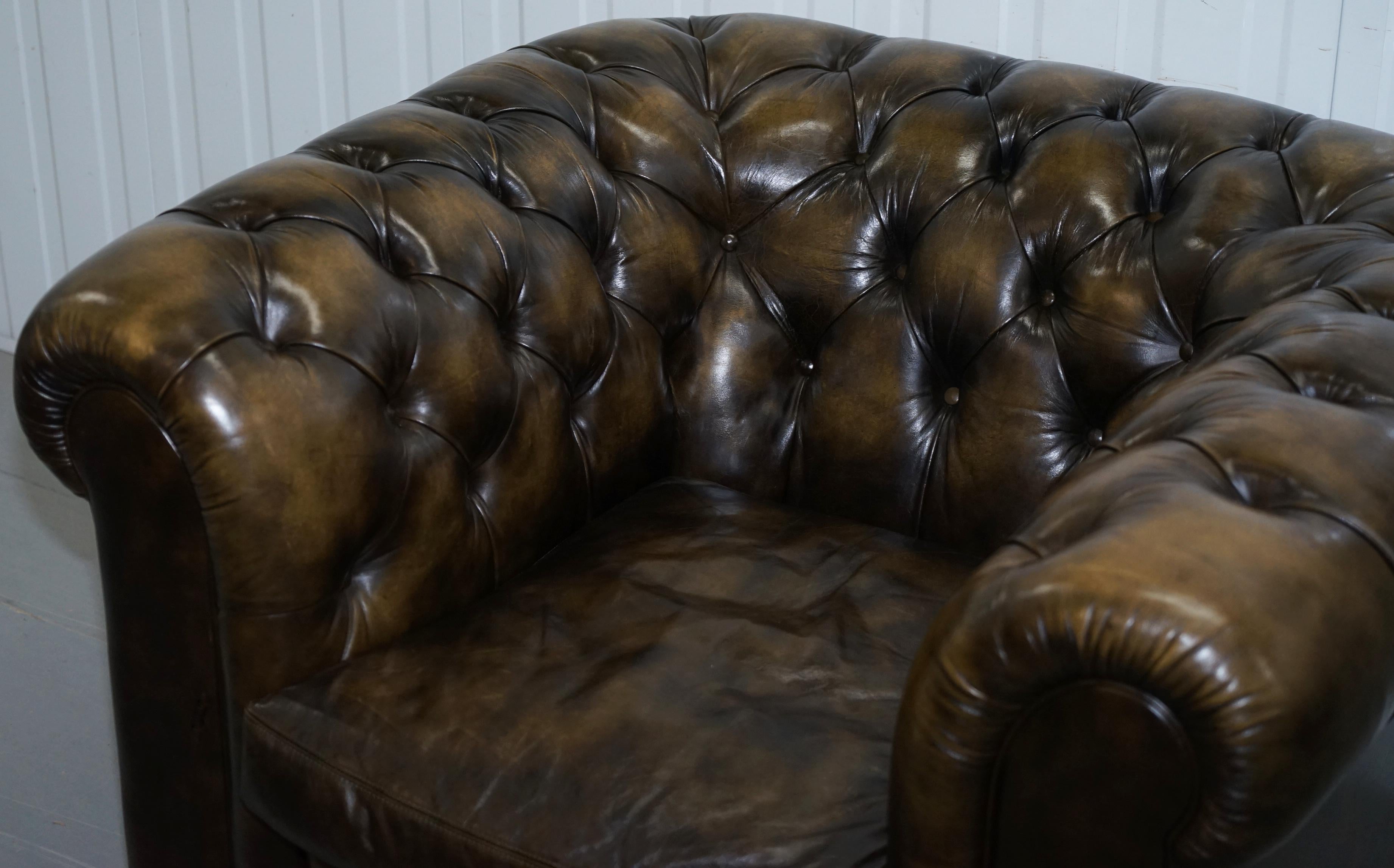 Pair of Vintage Chesterfield Leather Club Armchairs Feather Cushions 4 Available 11