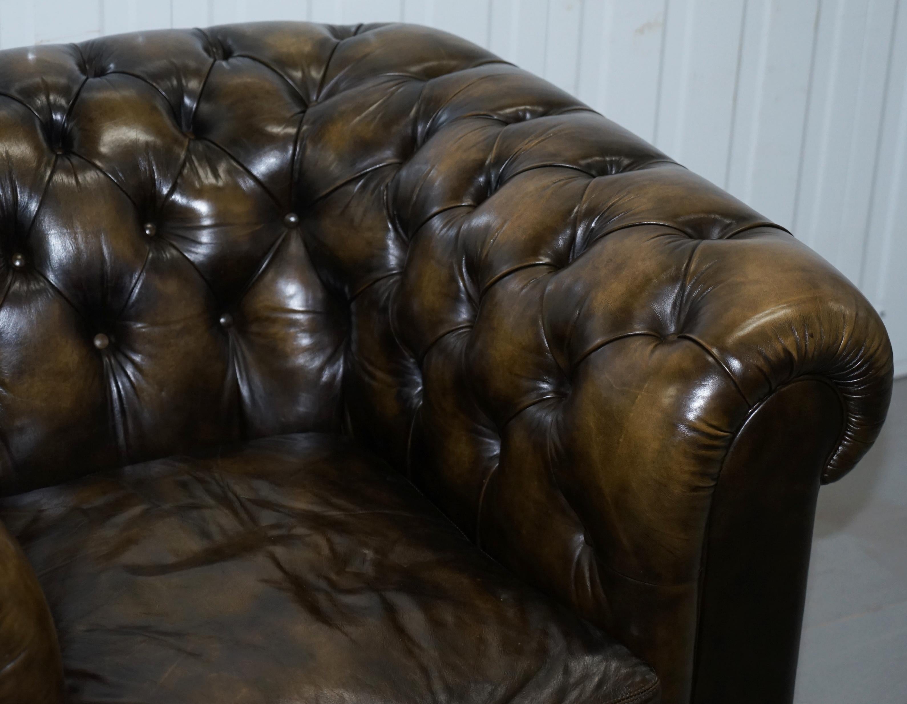 Pair of Vintage Chesterfield Leather Club Armchairs Feather Cushions 4 Available 12