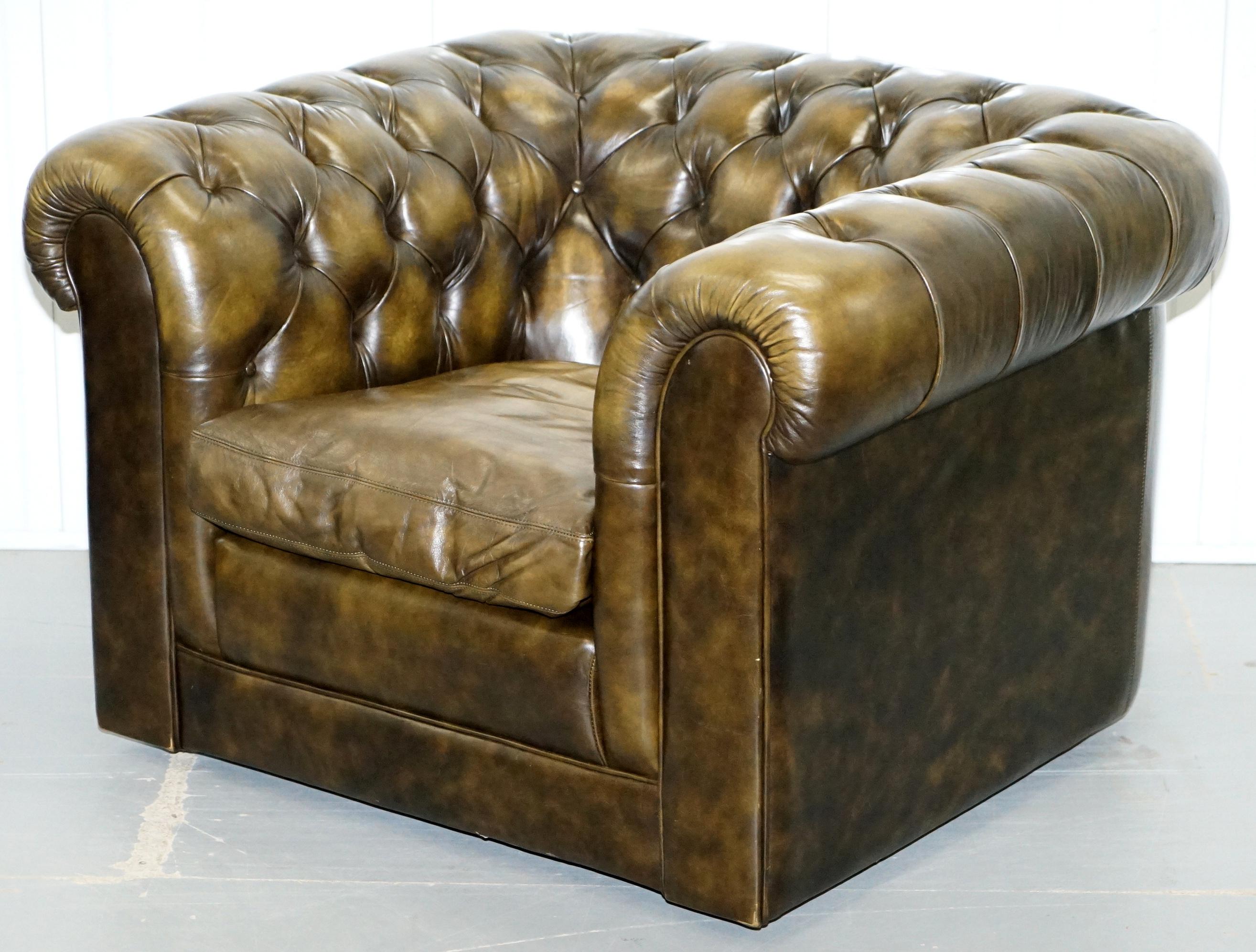 We are delighted to offer for sale one of two pairs of lovely vintage Chesterfield leather club armchairs with down filled feather cushions

The chairs are a lovely brownish green color, very 1960s, the cushions are down filled and very comfortable,