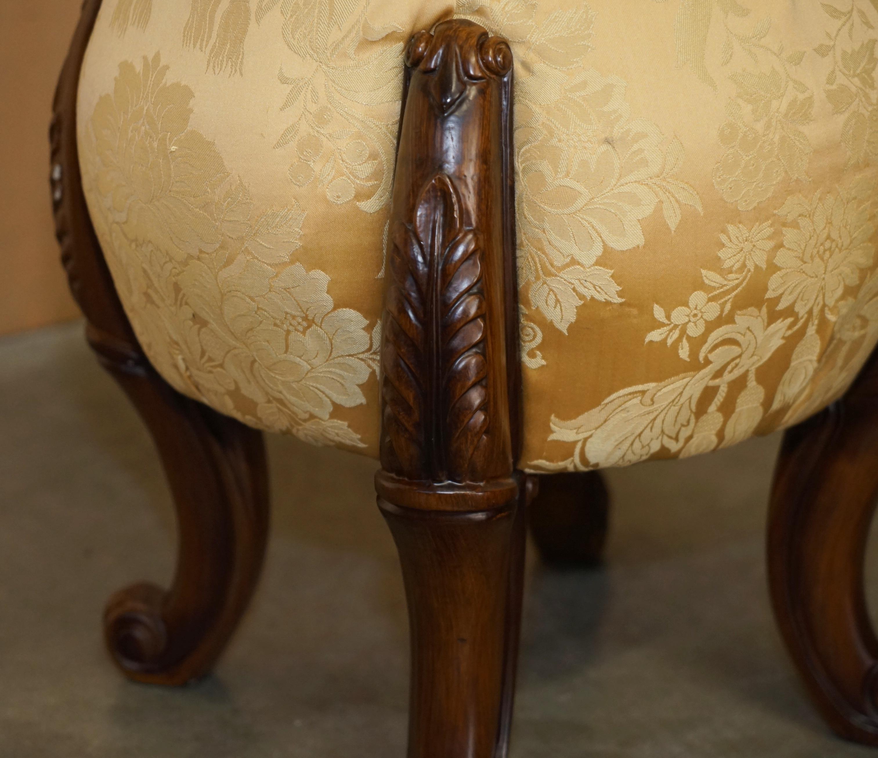 PAIR OF VINTAGE CHESTERFIELD TUFTED FLORAL UPHOLSTERED CARVED FRAME STOOLs For Sale 2