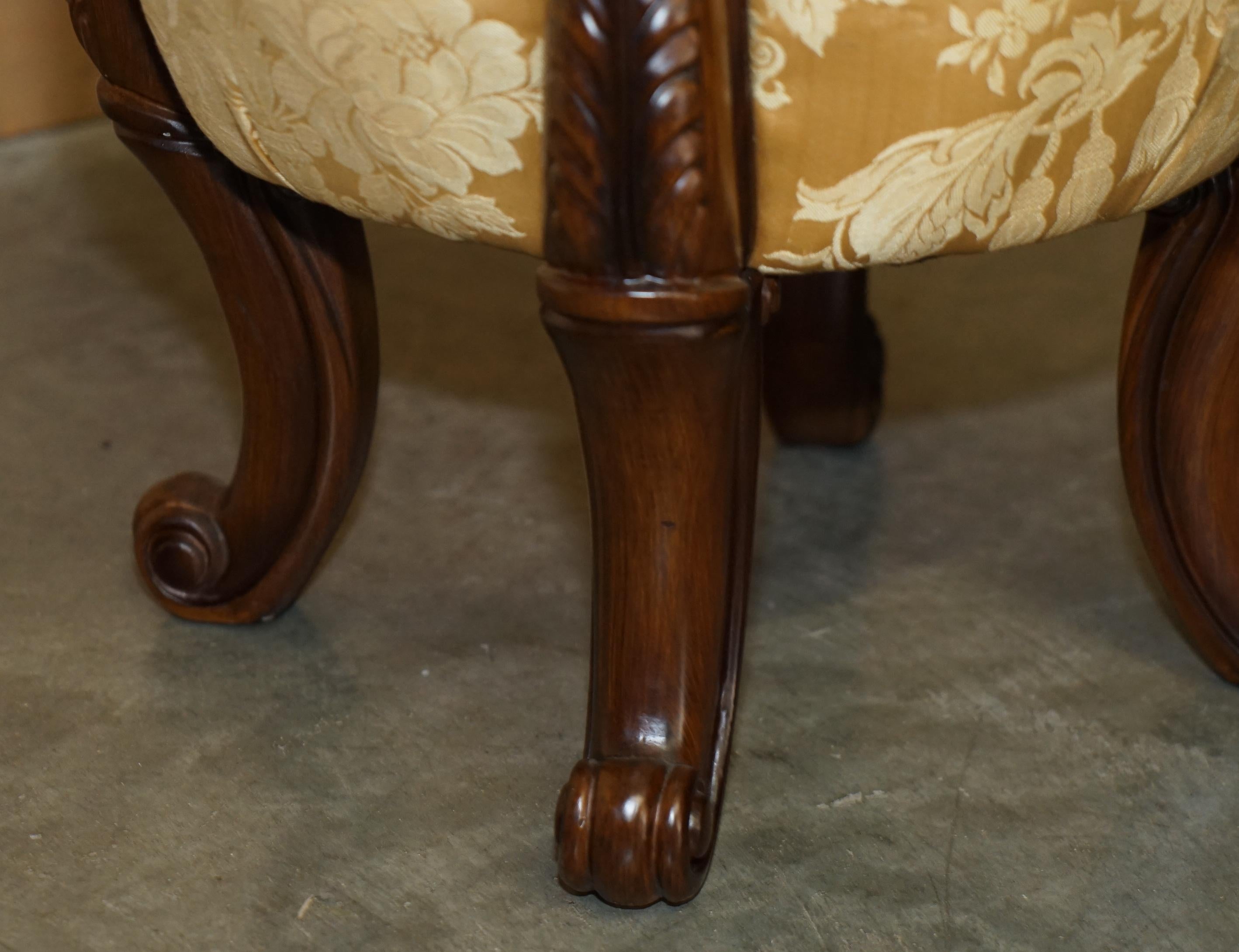 PAIR OF VINTAGE CHESTERFIELD TUFTED FLORAL UPHOLSTERED CARVED FRAME STOOLs For Sale 3