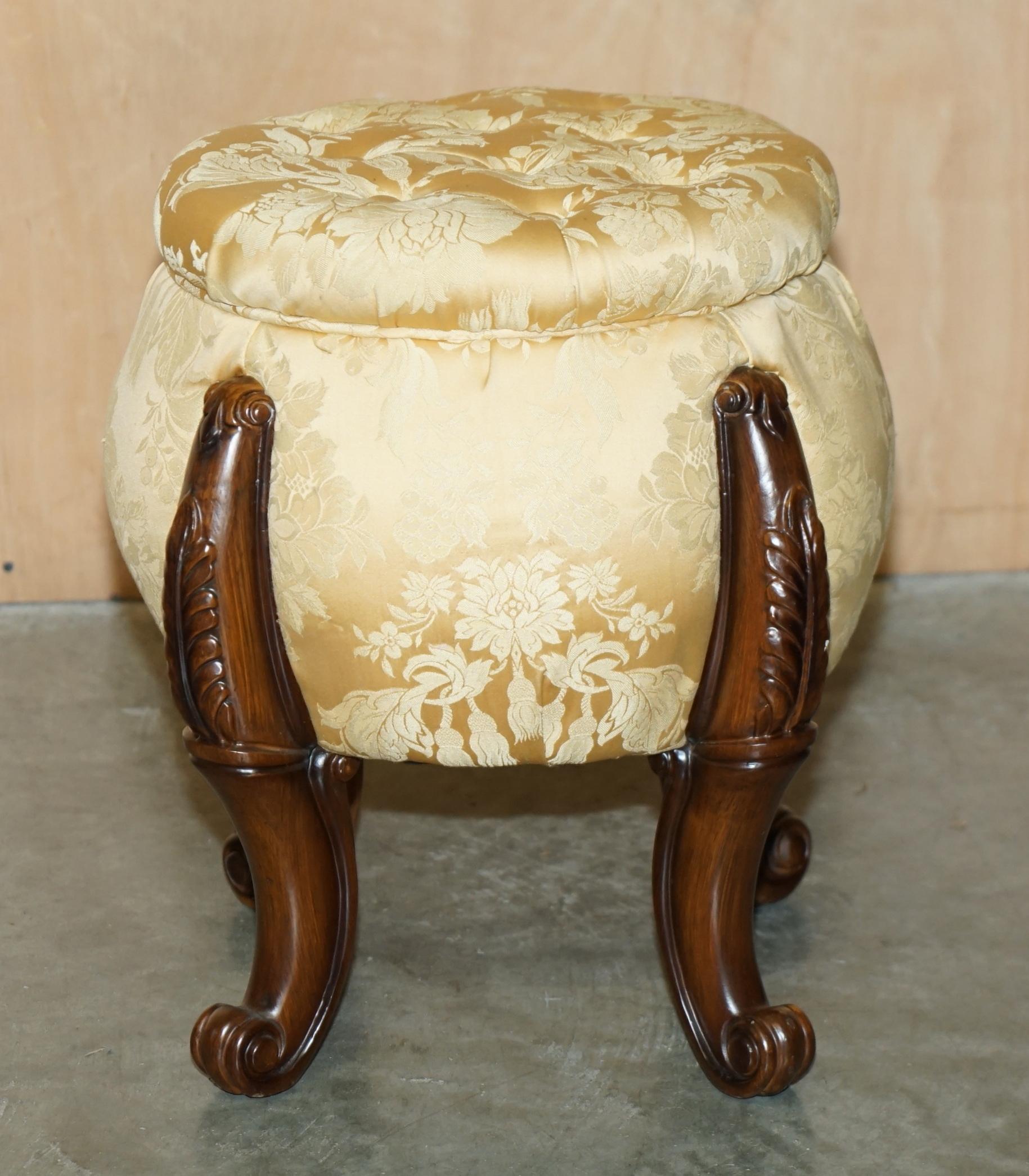 Victorian PAIR OF VINTAGE CHESTERFIELD TUFTED FLORAL UPHOLSTERED CARVED FRAME STOOLs For Sale