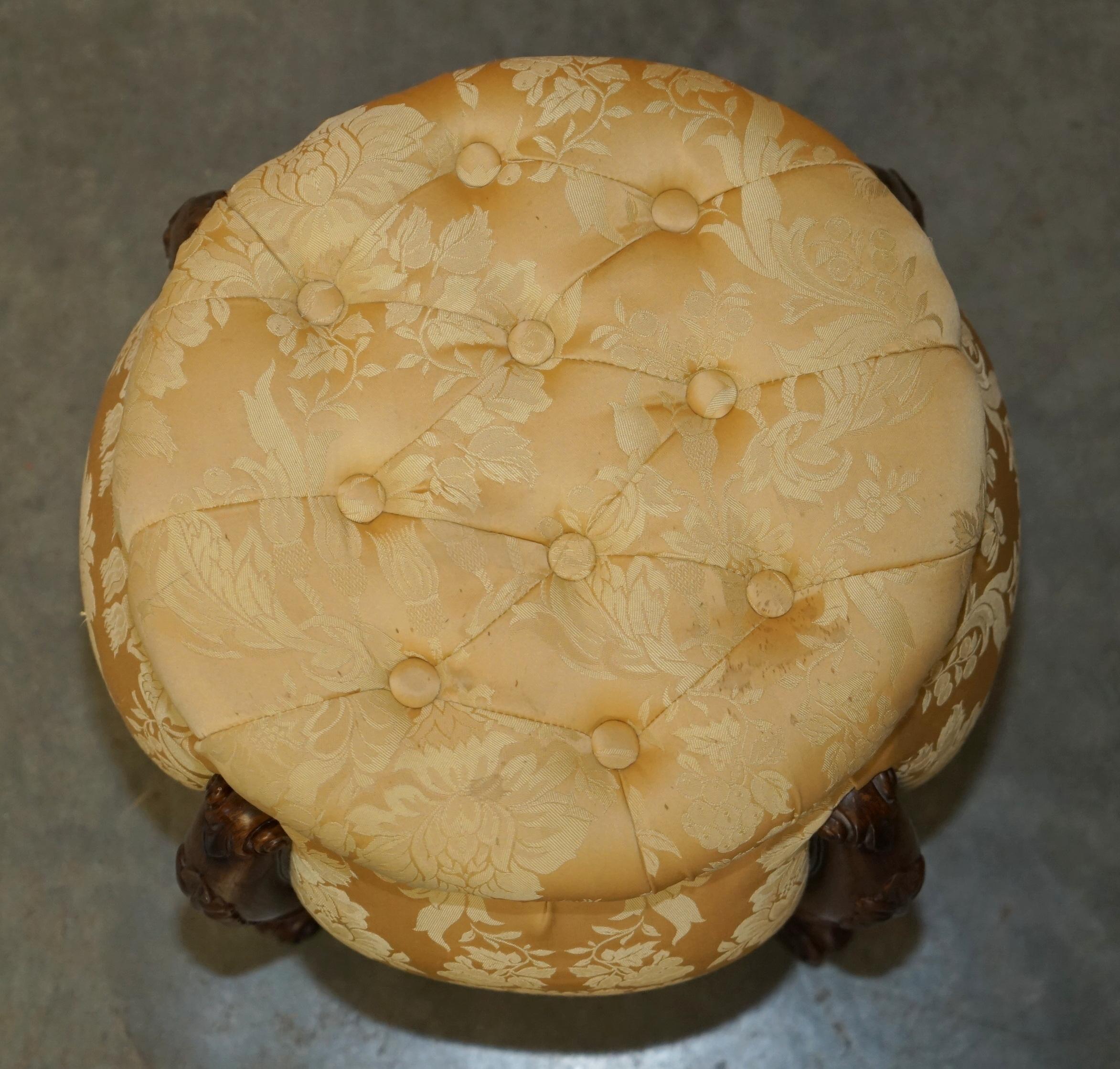 English PAIR OF VINTAGE CHESTERFIELD TUFTED FLORAL UPHOLSTERED CARVED FRAME STOOLs For Sale