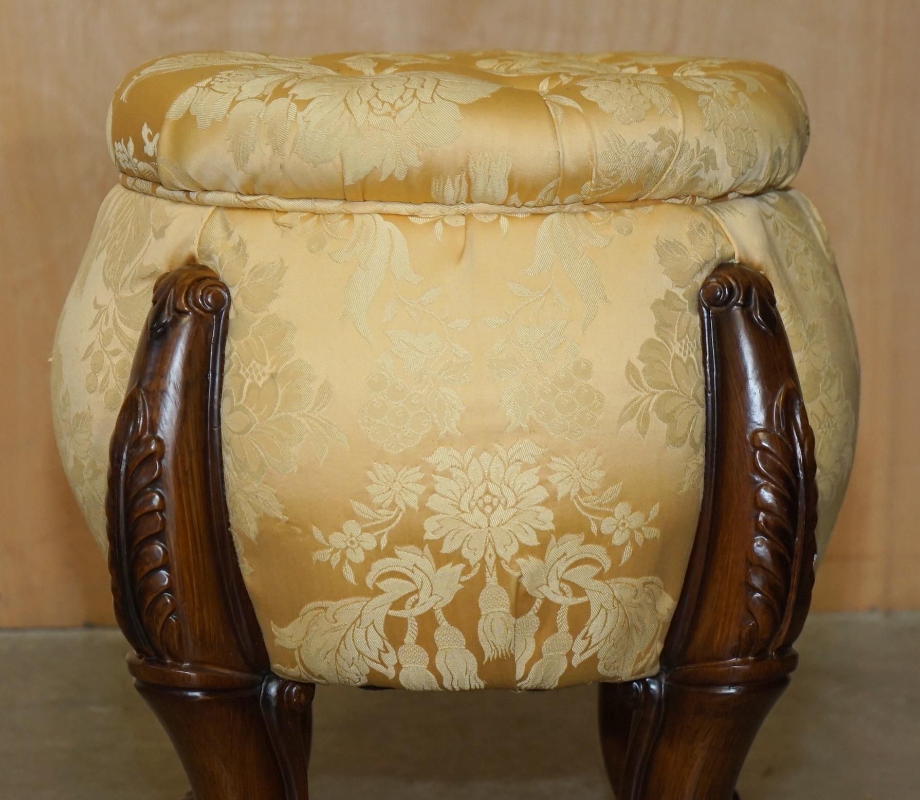 Hand-Crafted PAIR OF VINTAGE CHESTERFIELD TUFTED FLORAL UPHOLSTERED CARVED FRAME STOOLs For Sale
