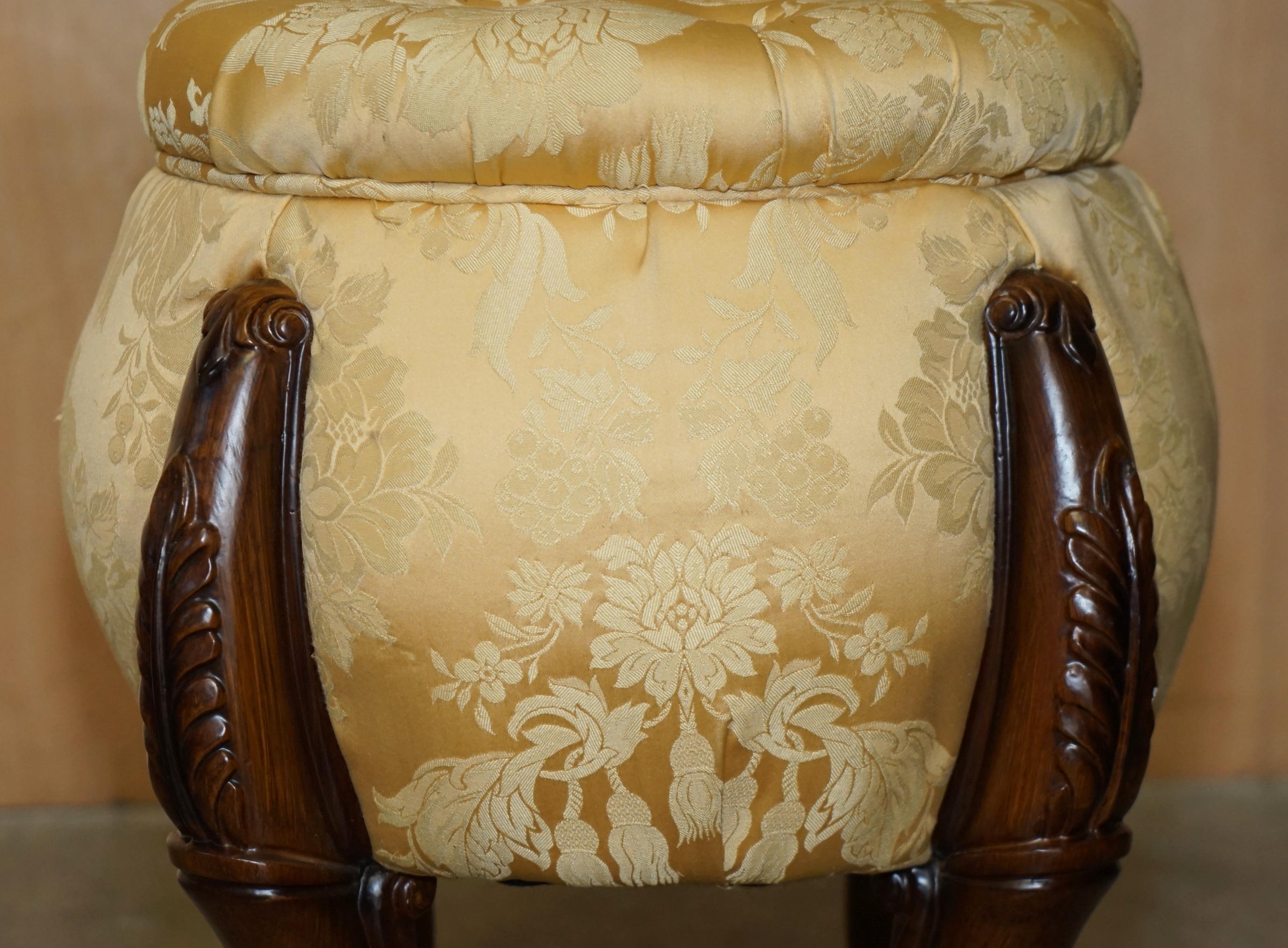 PAIR OF VINTAGE CHESTERFIELD TUFTED FLORAL UPHOLSTERED CARVED FRAME STOOLs In Good Condition For Sale In West Sussex, Pulborough