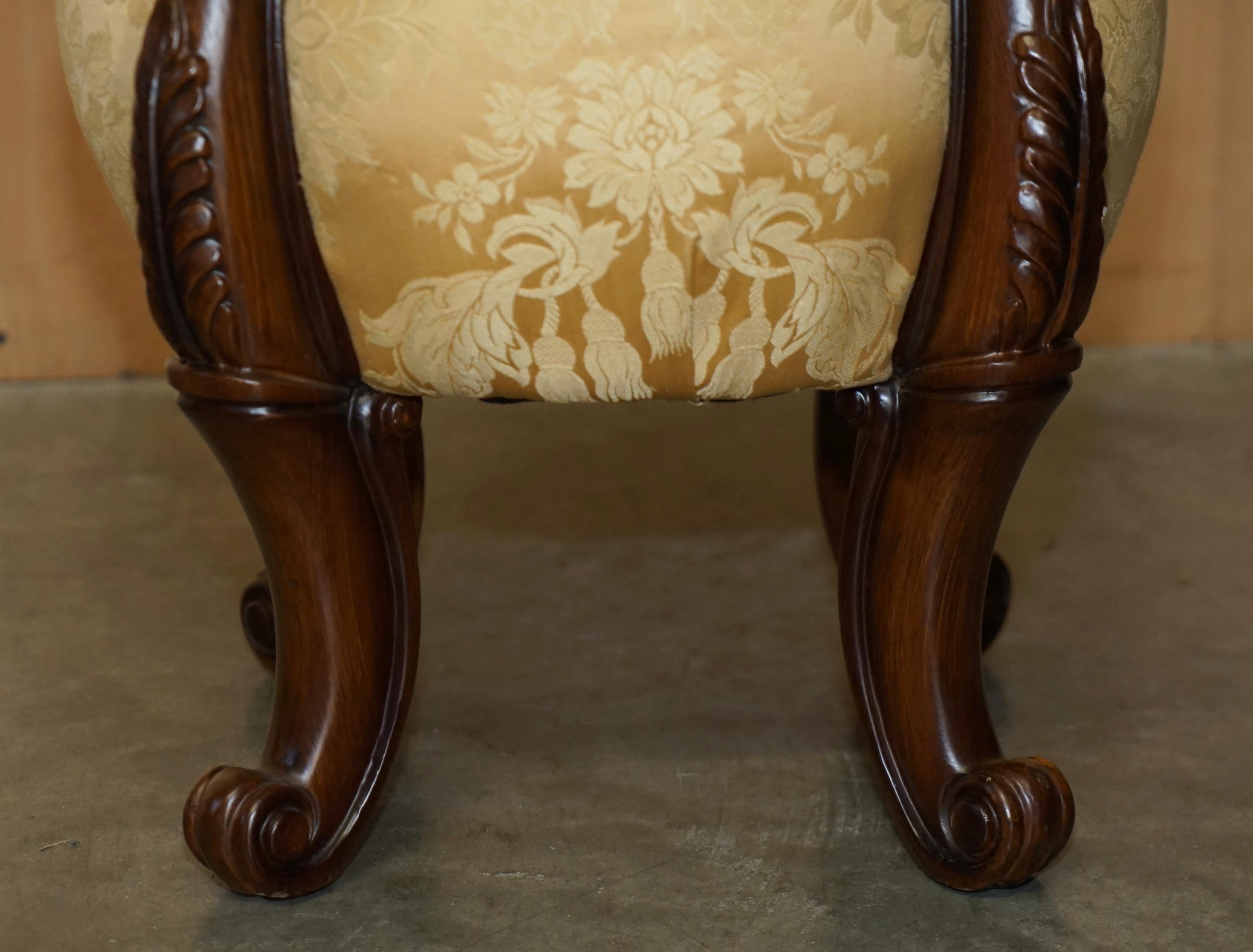 20th Century PAIR OF VINTAGE CHESTERFIELD TUFTED FLORAL UPHOLSTERED CARVED FRAME STOOLs For Sale