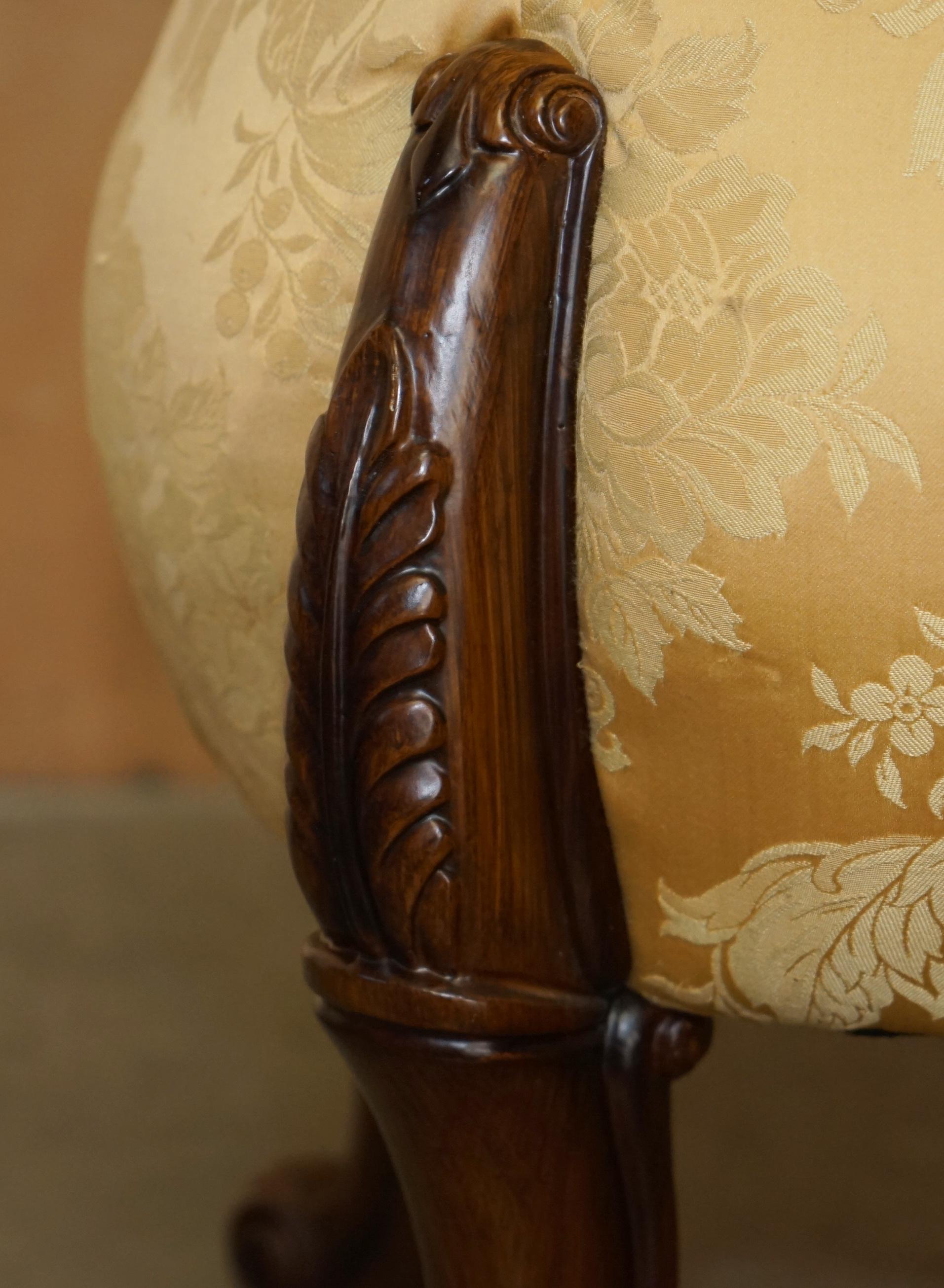 Upholstery PAIR OF VINTAGE CHESTERFIELD TUFTED FLORAL UPHOLSTERED CARVED FRAME STOOLs For Sale