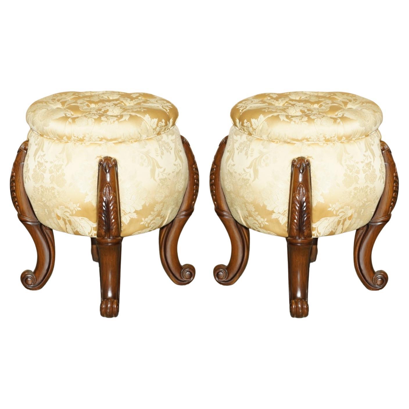 PAIR OF VINTAGE CHESTERFIELD TUFTED FLORAL UPHOLSTERED CARVED FRAME STOOLs For Sale