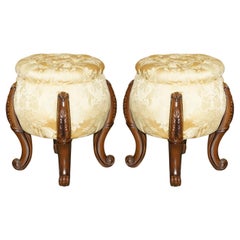 PAIR OF VINTAGE CHESTERFIELD TUFTED FLORAL UPHOLSTERED CARVED FRAME STOOLs