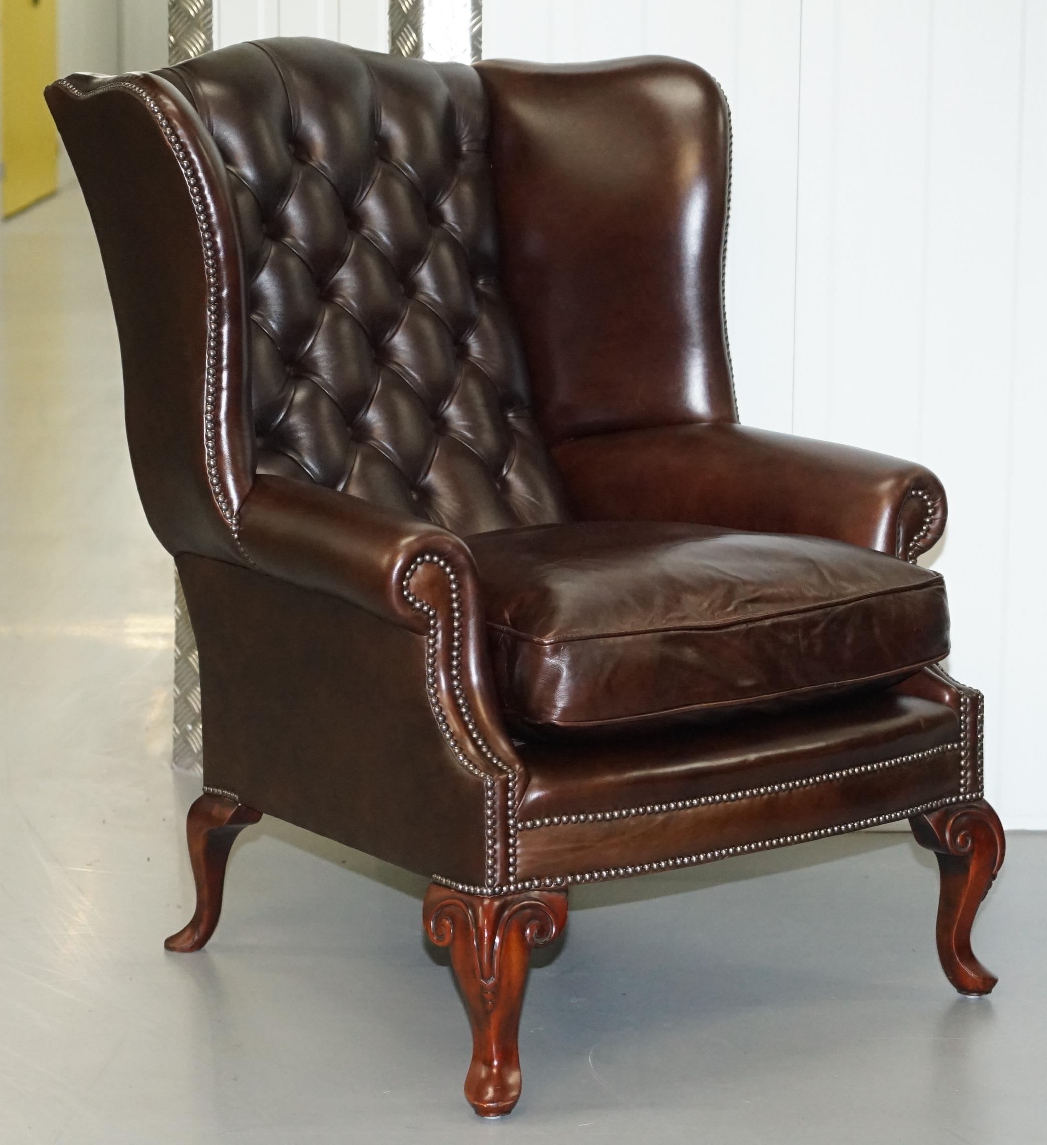 We are delighted to offer for sale this stunning pair of handmade Chesterfield very heavy brown leather wingback armchairs with ornately carved cabriolet legs and feather filled cushions

I have two pairs of these so four chairs in total for sale.