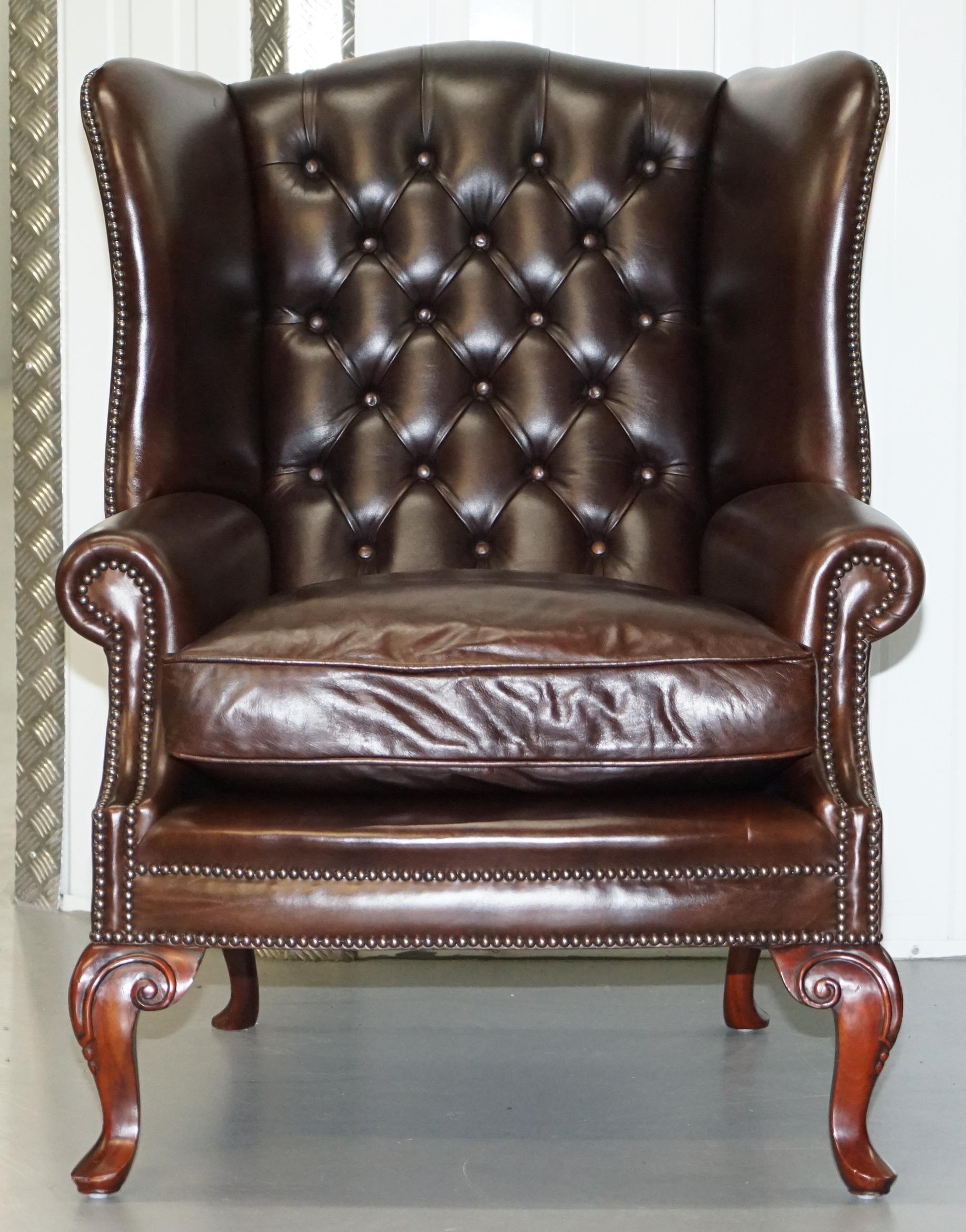 English Pair of Vintage Chesterfield Tufted Heritage Brown Leather Wingback Armchairs