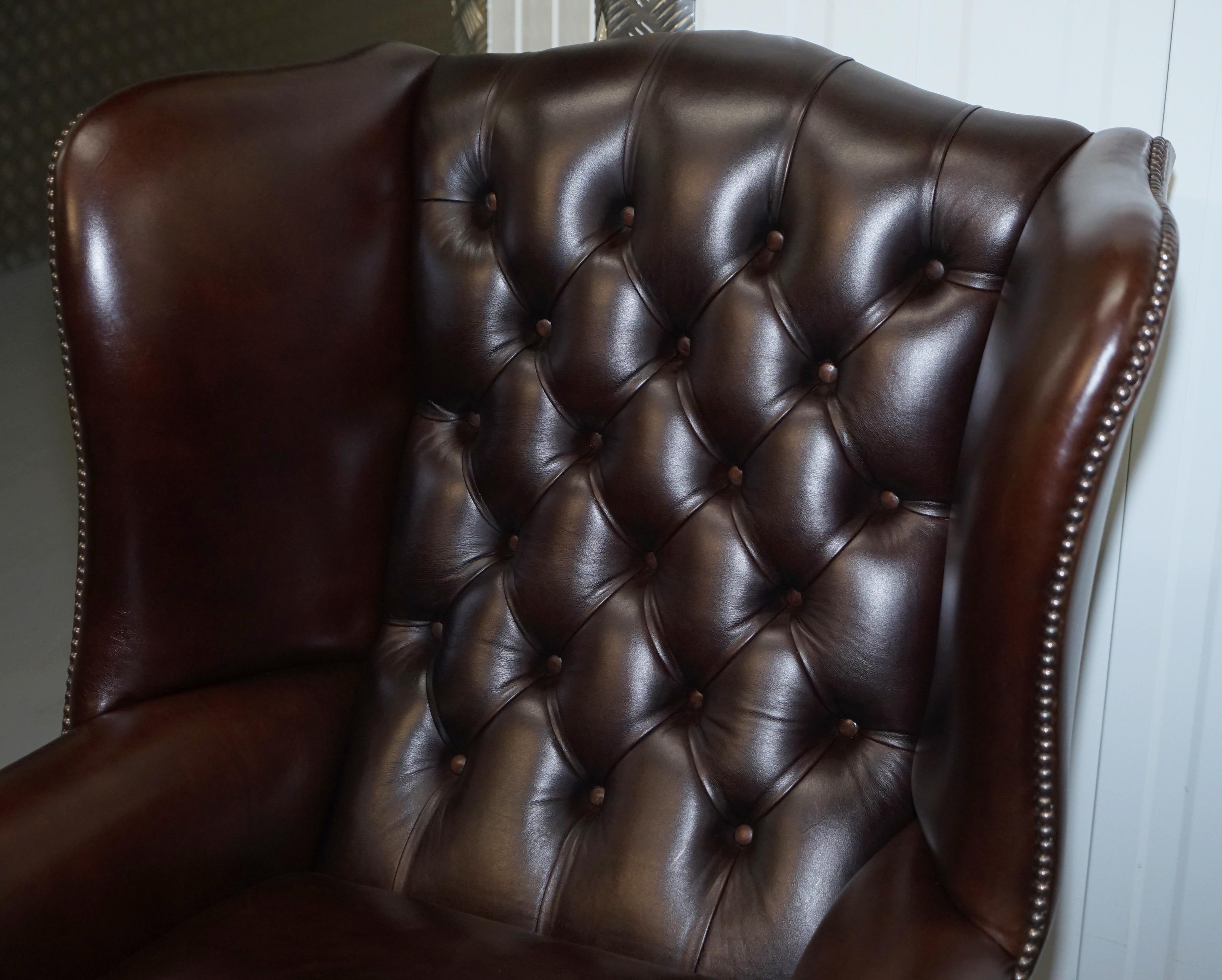 Pair of Vintage Chesterfield Tufted Heritage Brown Leather Wingback Armchairs 4
