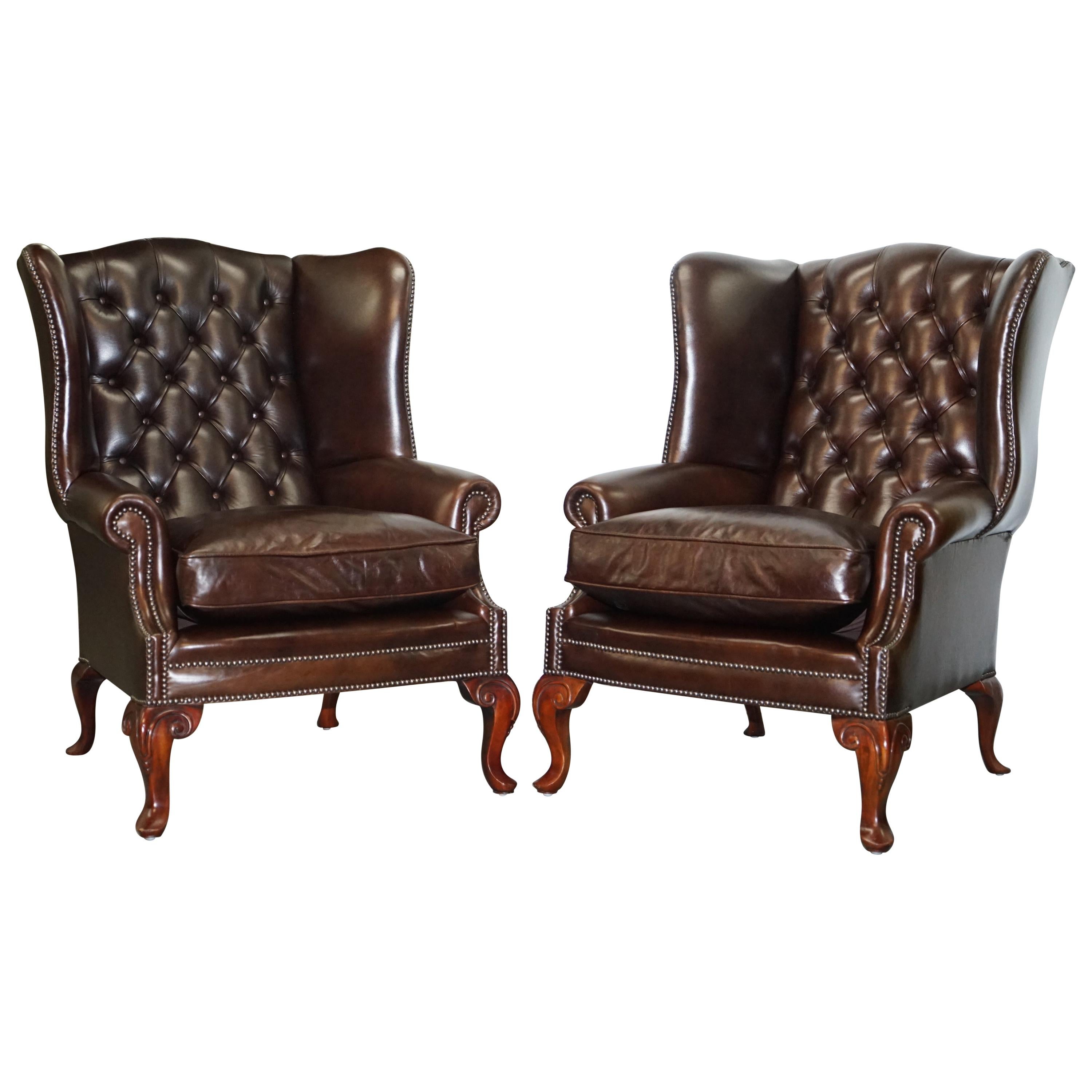 Pair of Vintage Chesterfield Tufted Heritage Brown Leather Wingback Armchairs