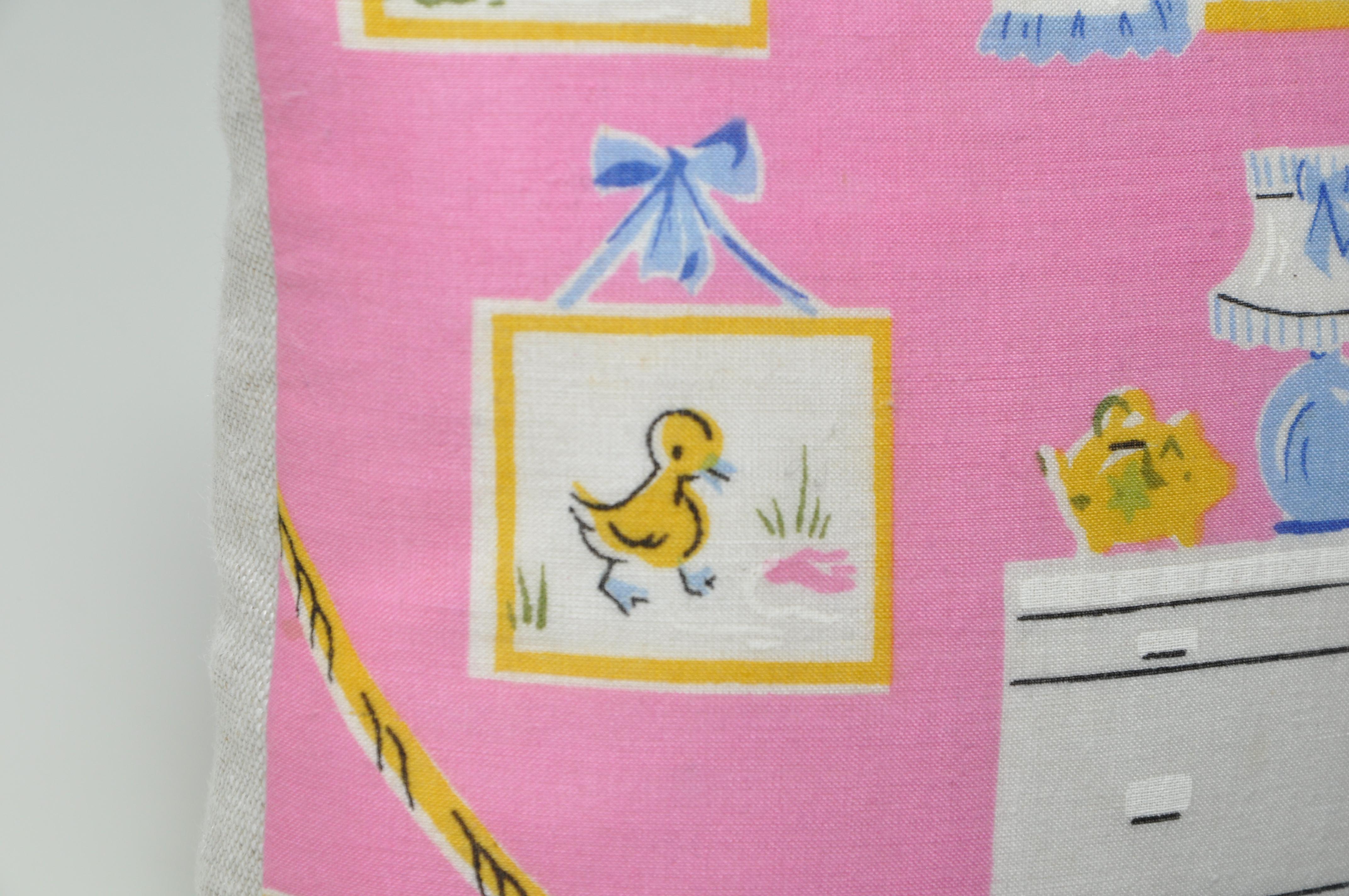 Pair of Vintage Children’s Scarf Cushions Pillows with Irish Linen Backing Pink For Sale 2