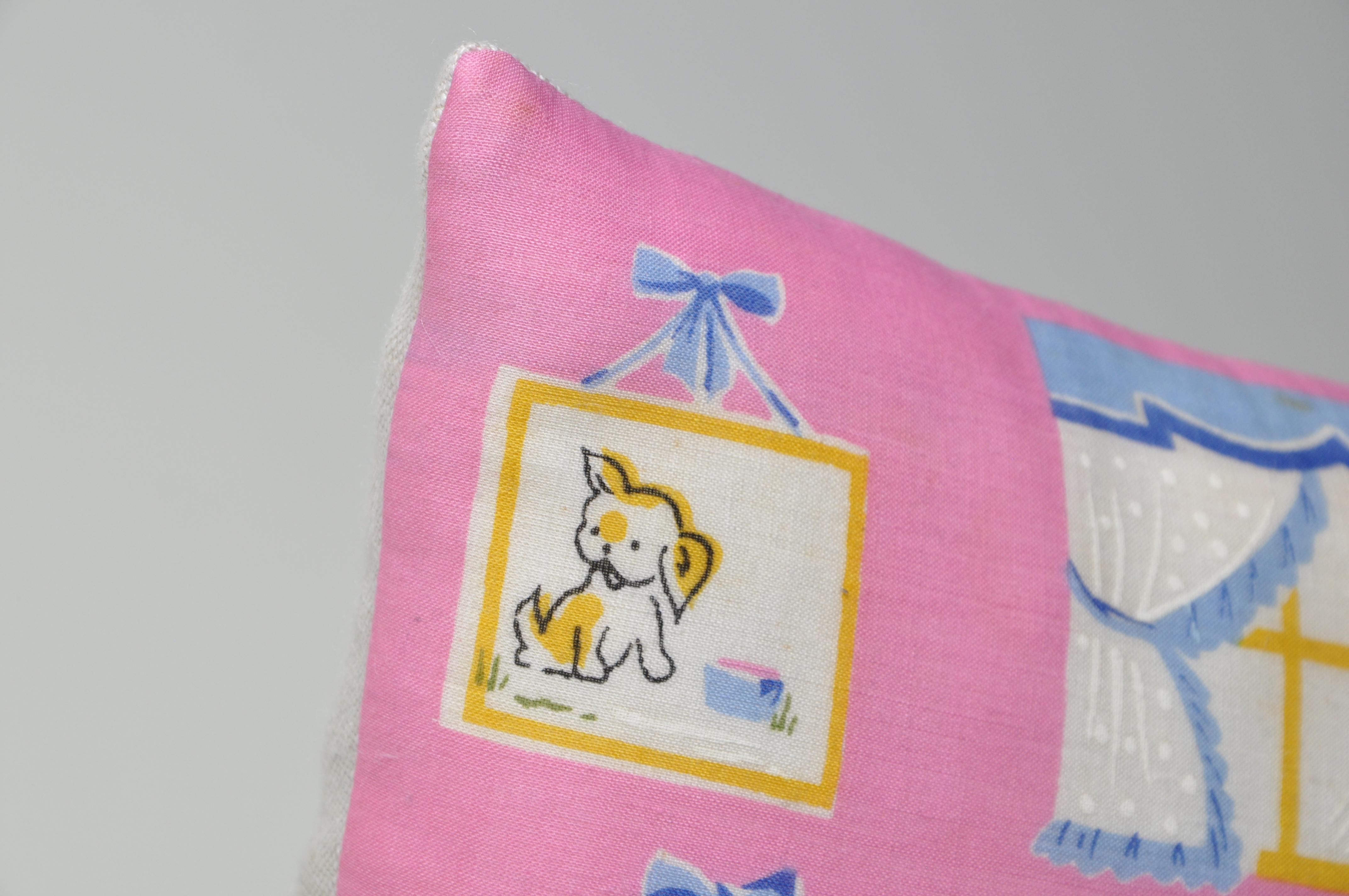 Pair of Vintage Children’s Scarf Cushions Pillows with Irish Linen Backing Pink For Sale 3