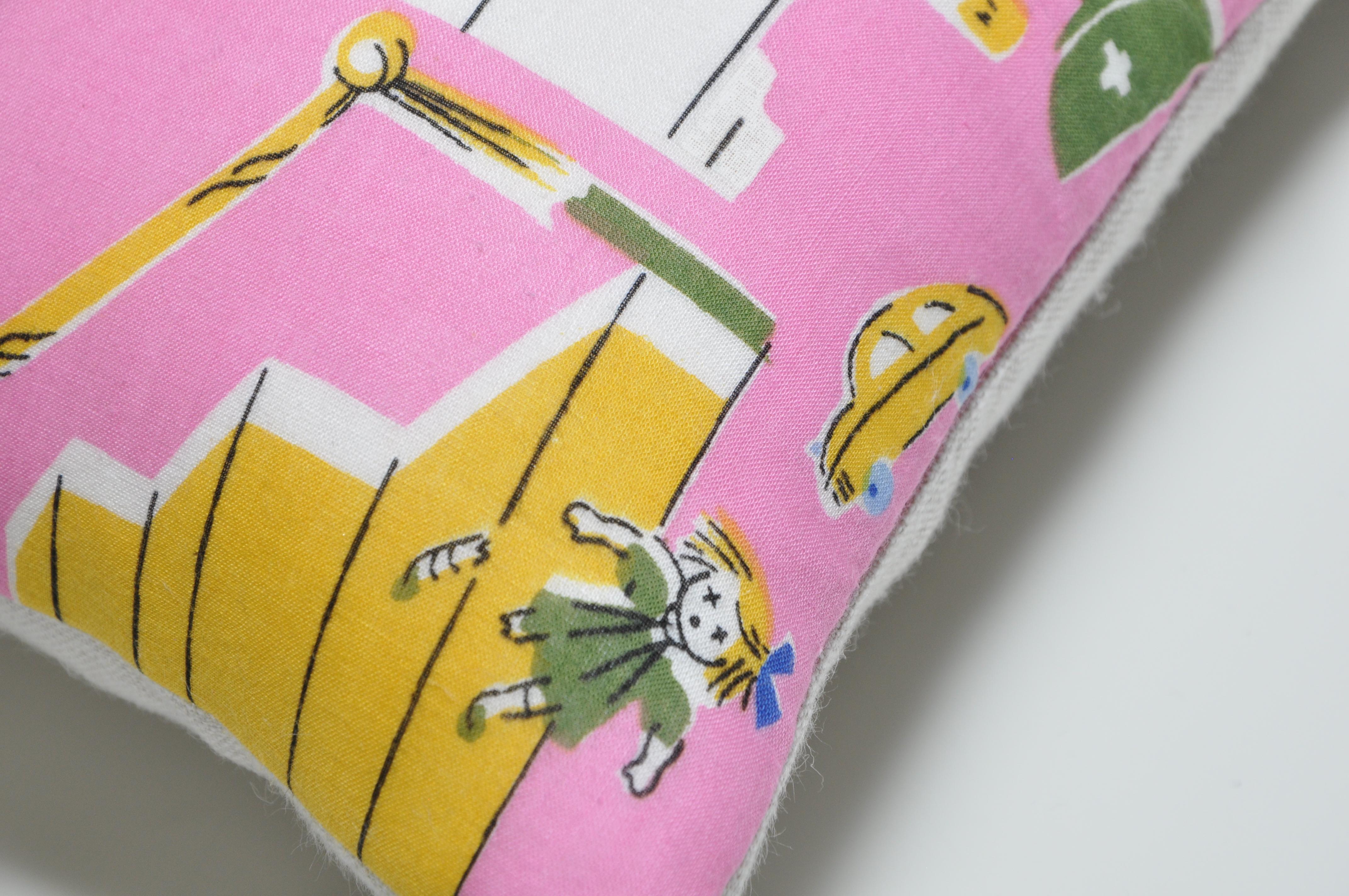 Cotton Pair of Vintage Children’s Scarf Cushions Pillows with Irish Linen Backing Pink For Sale
