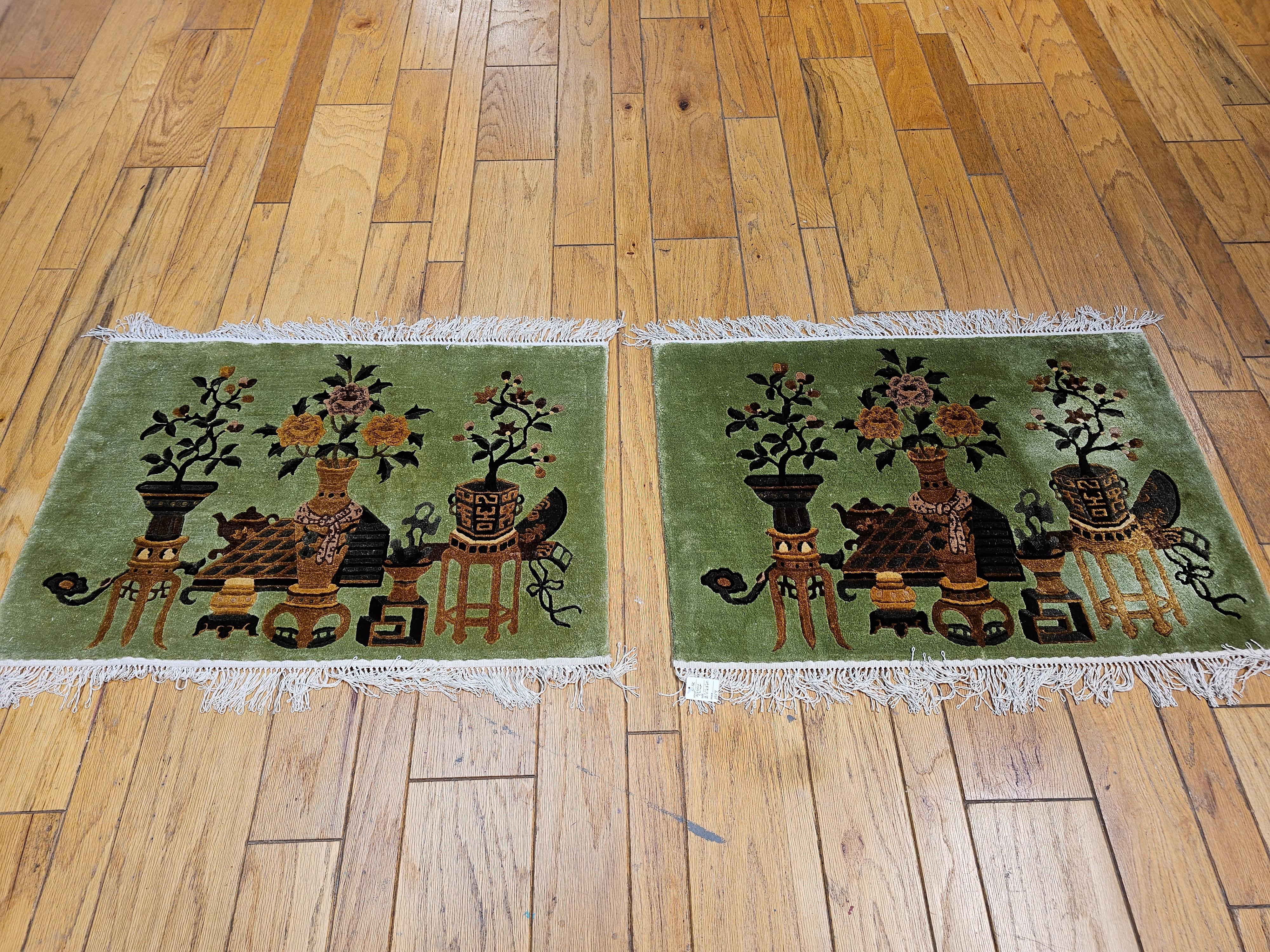 Pair of Vintage Chinese Art Deco Partial Silk Pictorial Rugs in Vase Pattern For Sale 9
