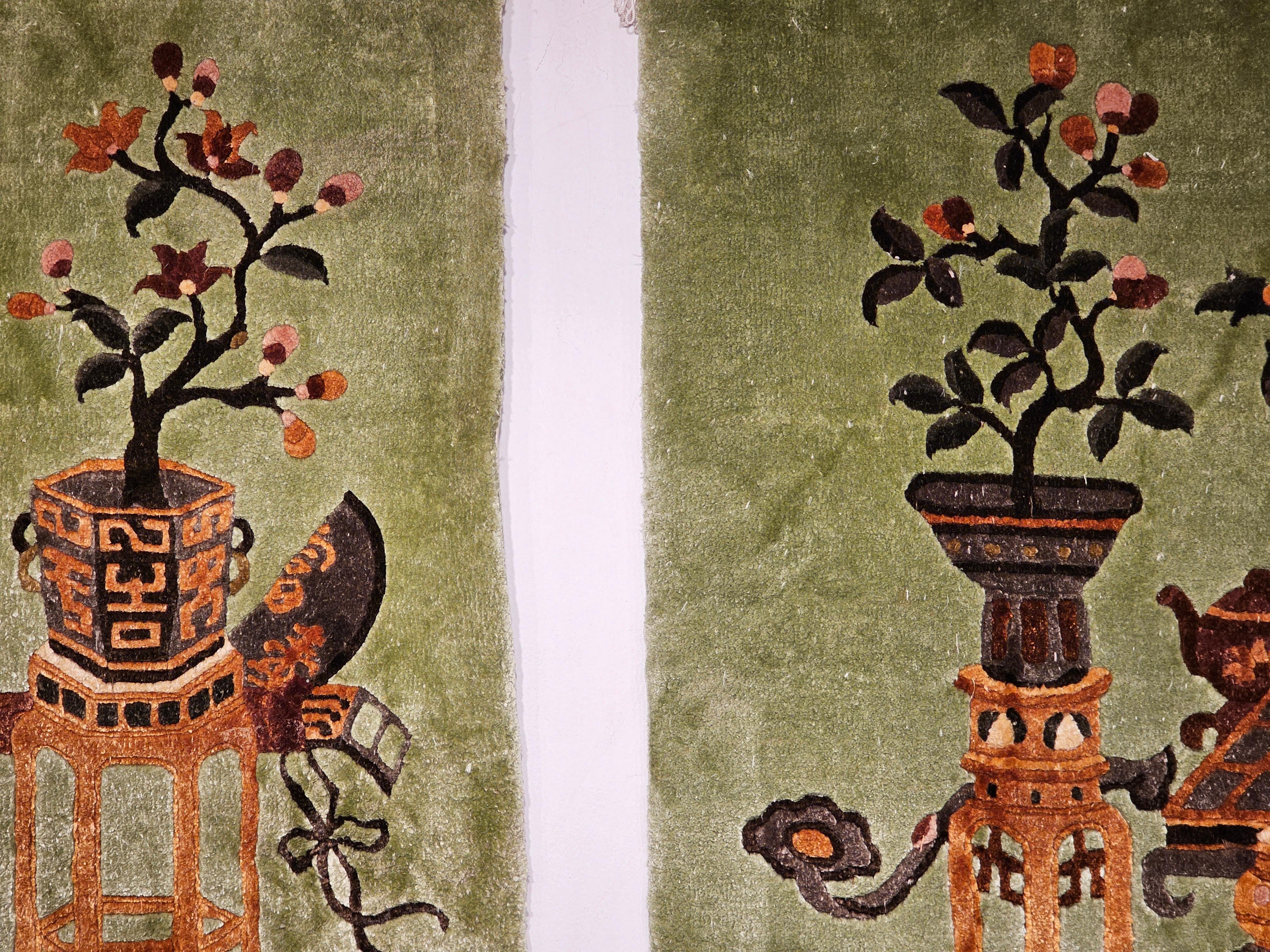 Pair of Vintage Chinese Art Deco Partial Silk Pictorial Rugs in Vase Pattern For Sale 1