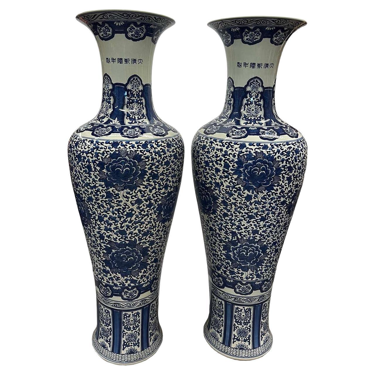 Pair of Vintage Chinese Blue and White Porcelain Floor Vases