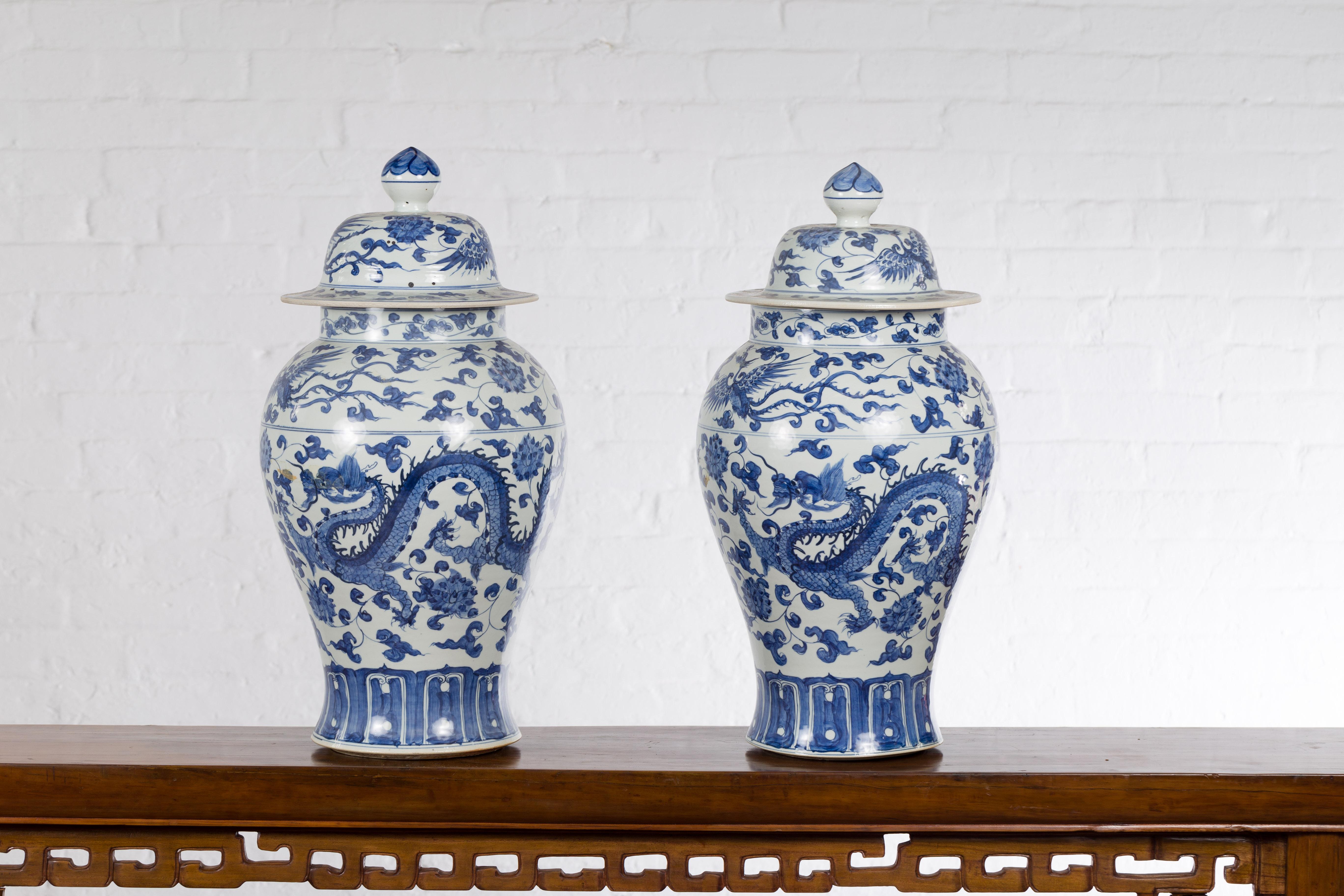 Pair of Vintage Chinese Blue and white Porcelain Lidded Jars with Dragon Motifs 6