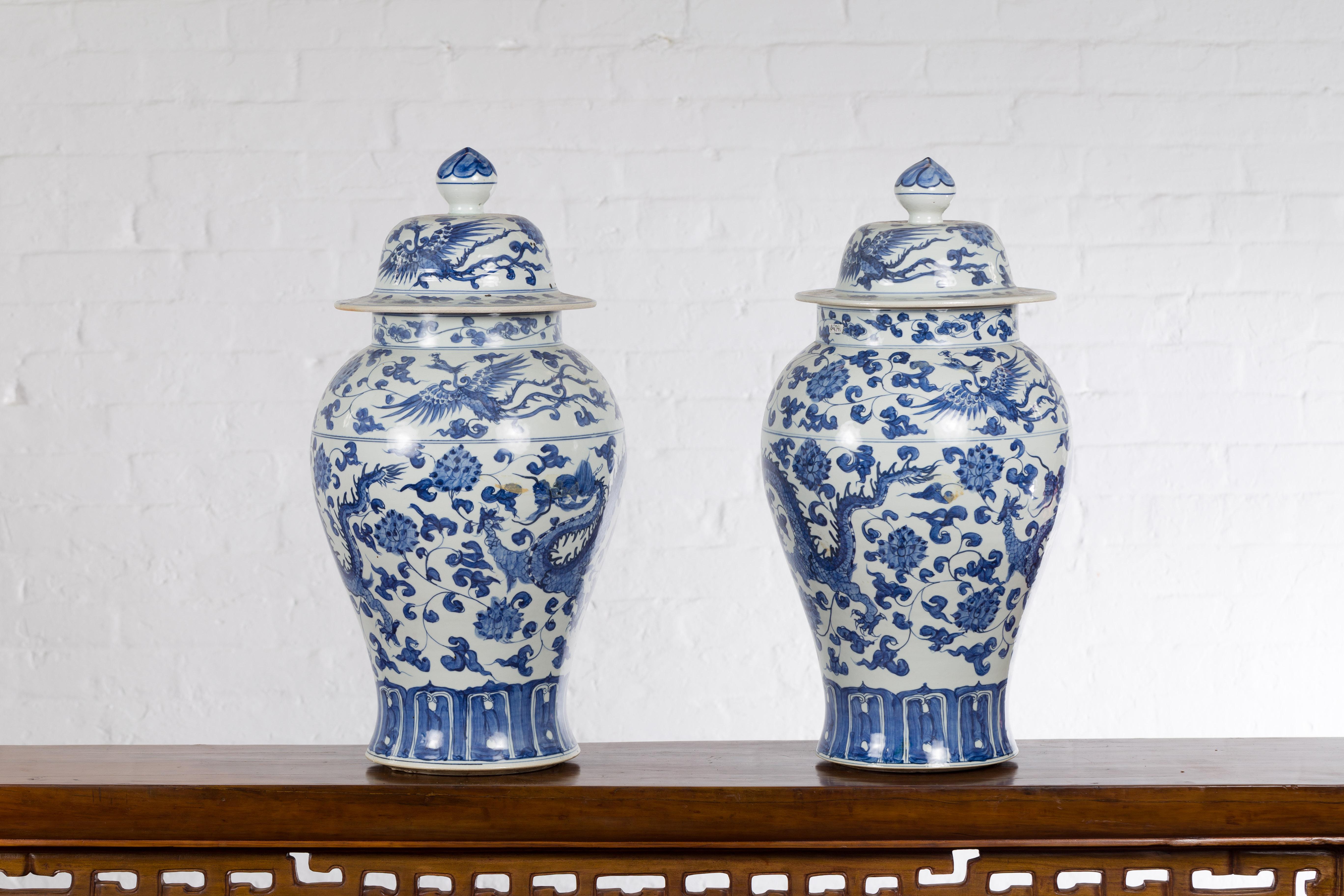 Pair of Vintage Chinese Blue and white Porcelain Lidded Jars with Dragon Motifs 7