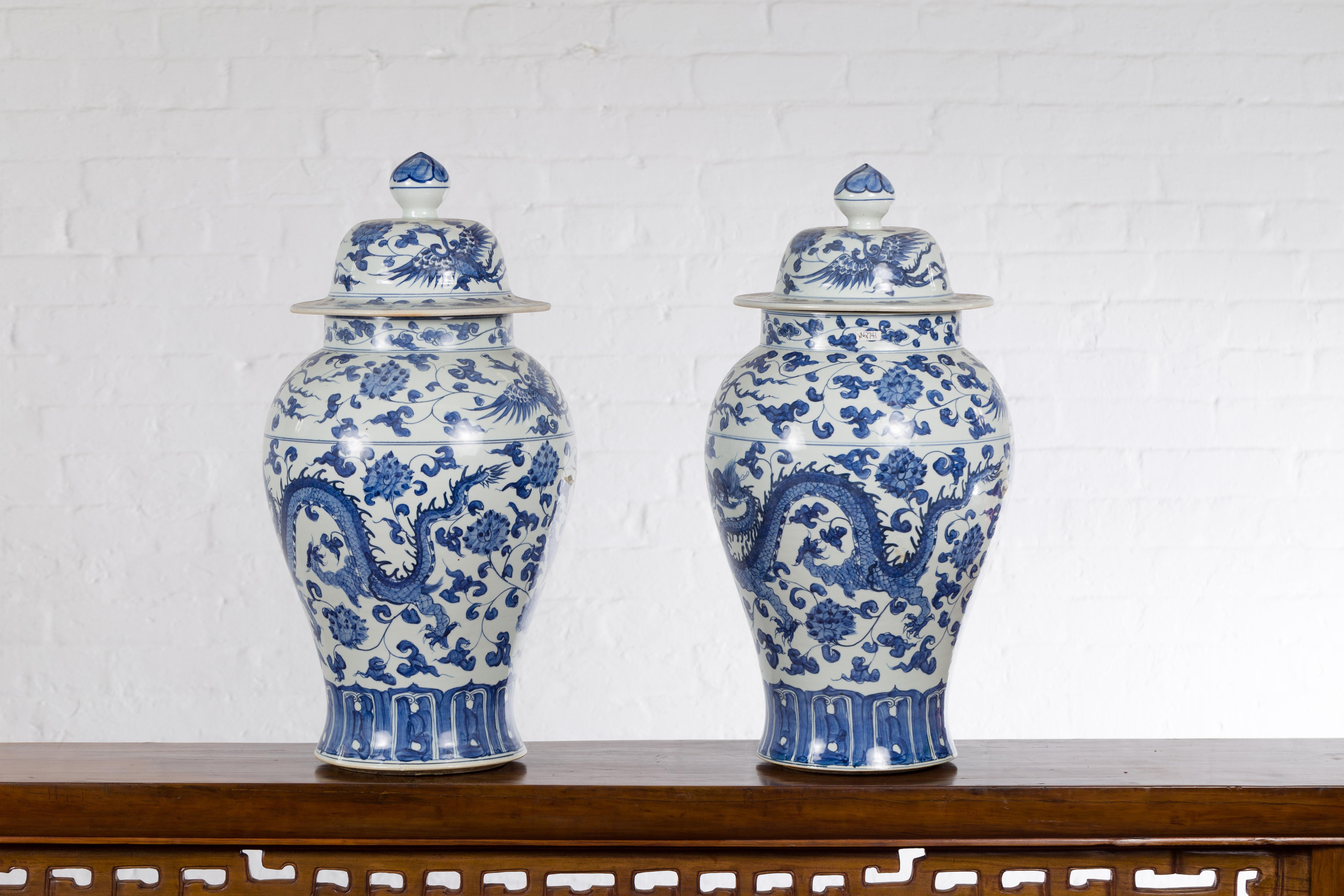 Pair of Vintage Chinese Blue and white Porcelain Lidded Jars with Dragon Motifs 8